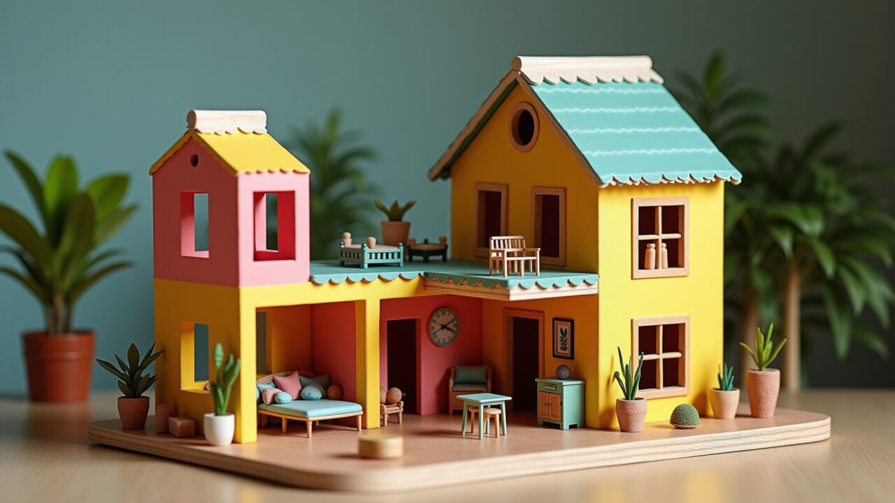 Casinha de boneca sustentável feita de caixas de leite.