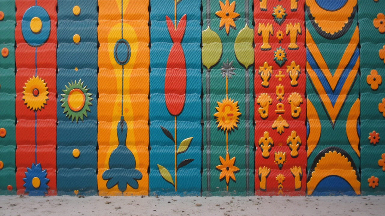 Painel decorativo feito de caixas de leite pintadas.