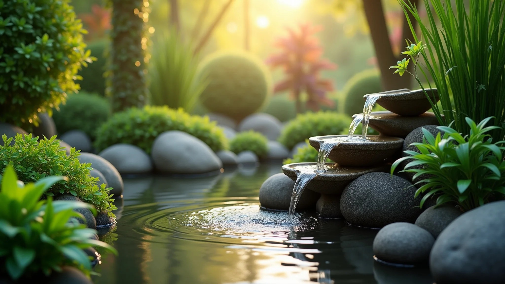 Jardim exuberante com mini fonte de bambu, plantas verdes vibrantes e iluminação suave.