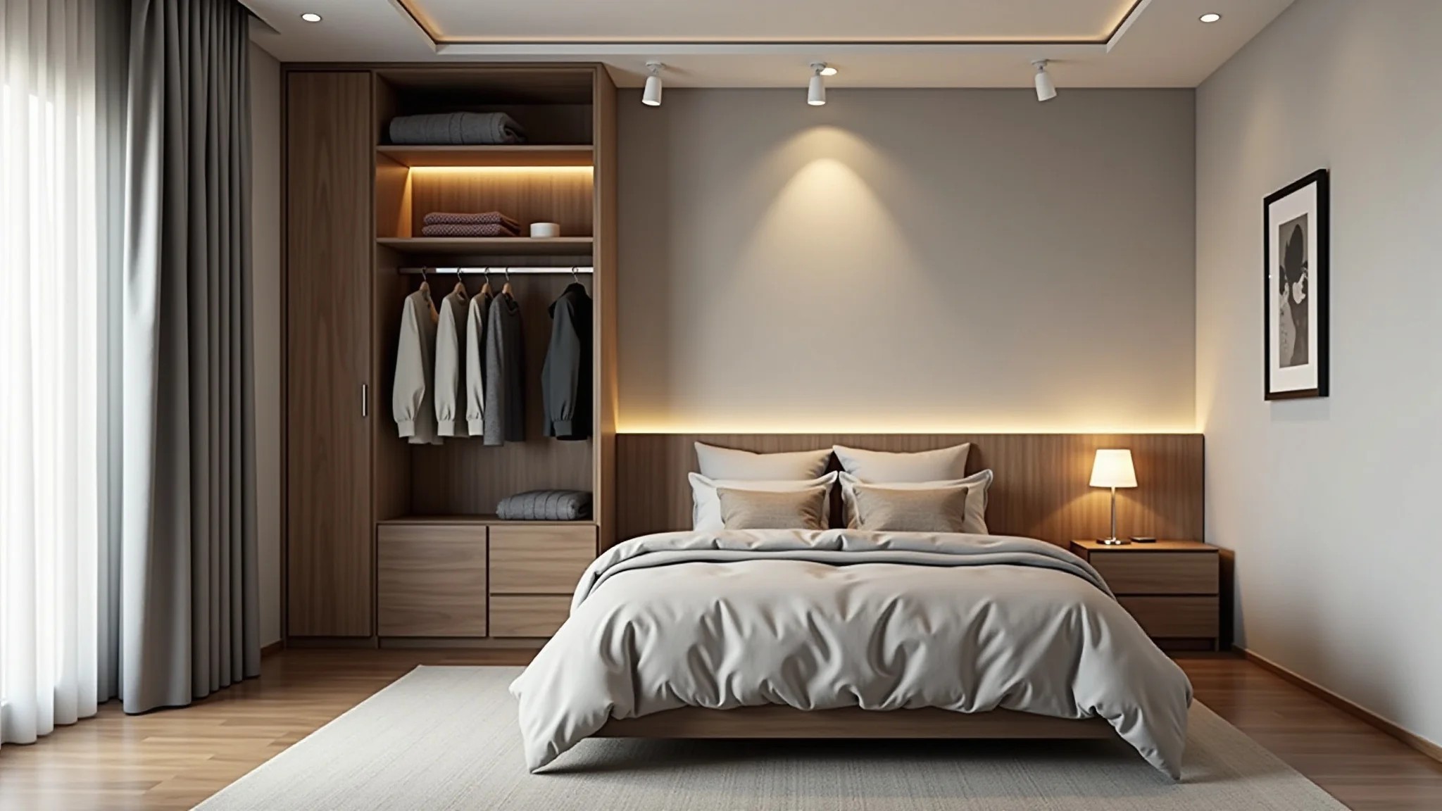 Quarto de casal pequeno com closet otimizado: design inteligente para máximo aproveitamento do espaço.