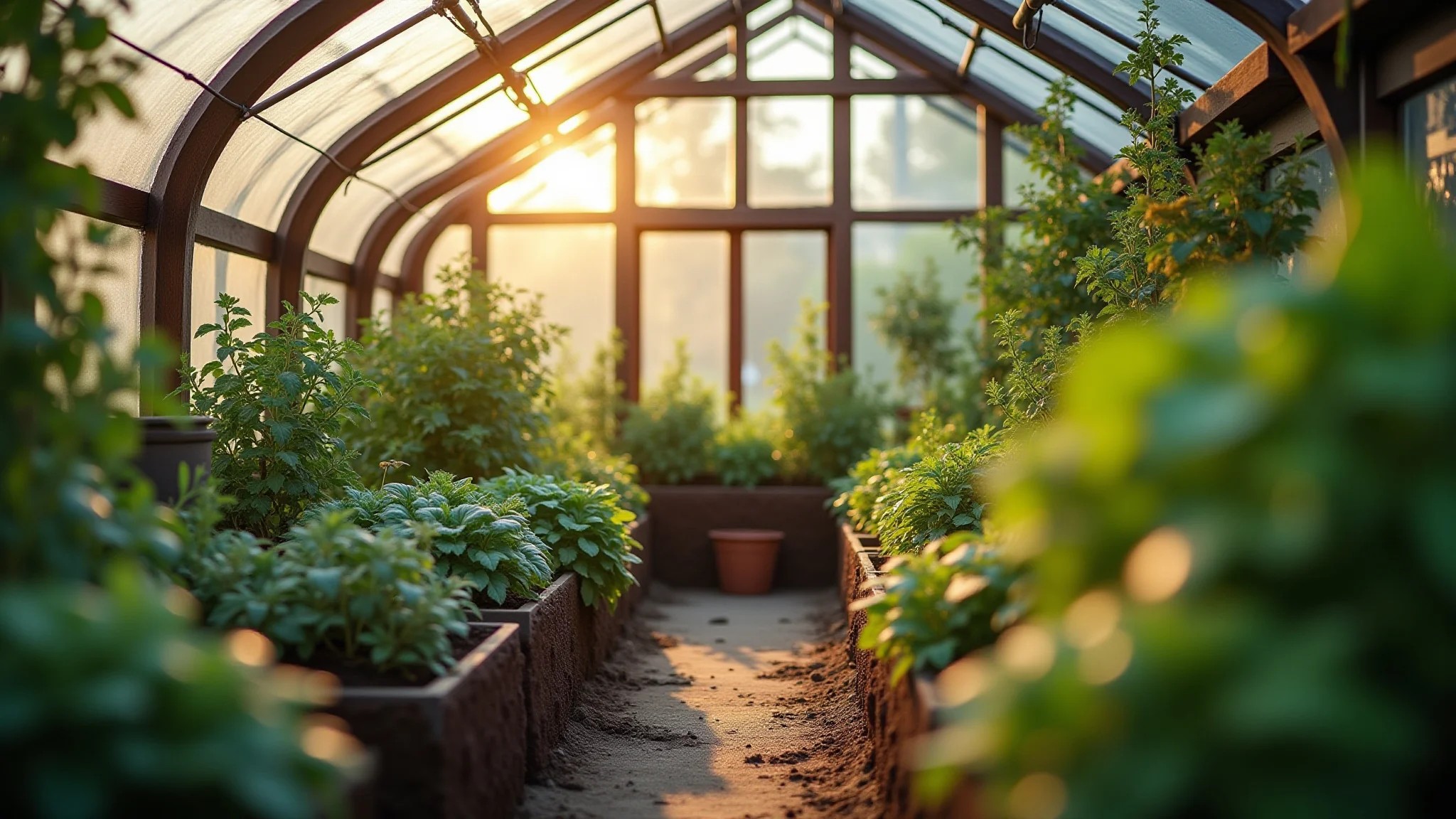 Estufa de jardim pequena e vibrante com plantas exuberantes, ervas e vegetais.