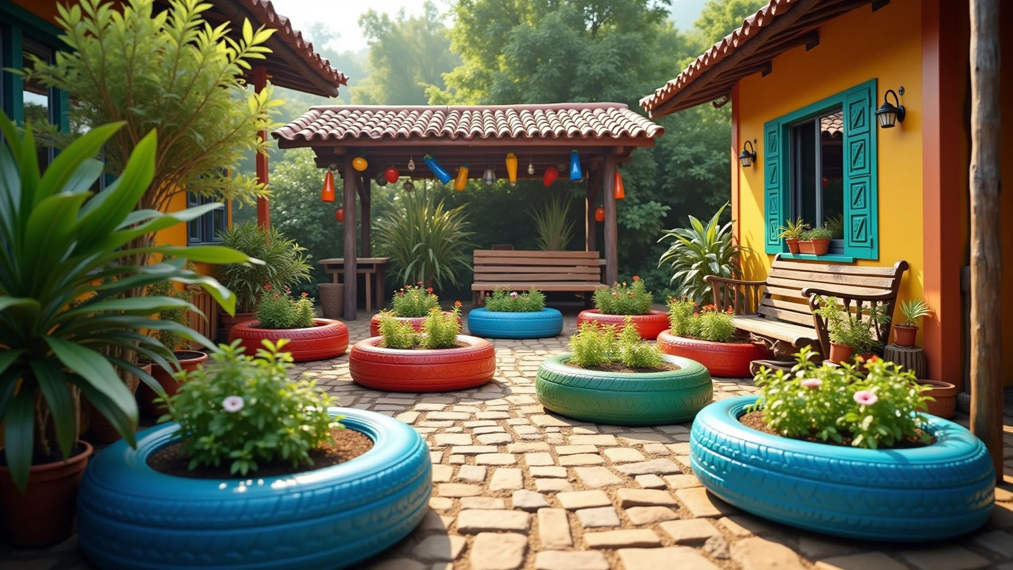 Jardim brasileiro vibrante com vasos de pneus reciclados, decorações de garrafas PET coloridas e móveis de paletes.
