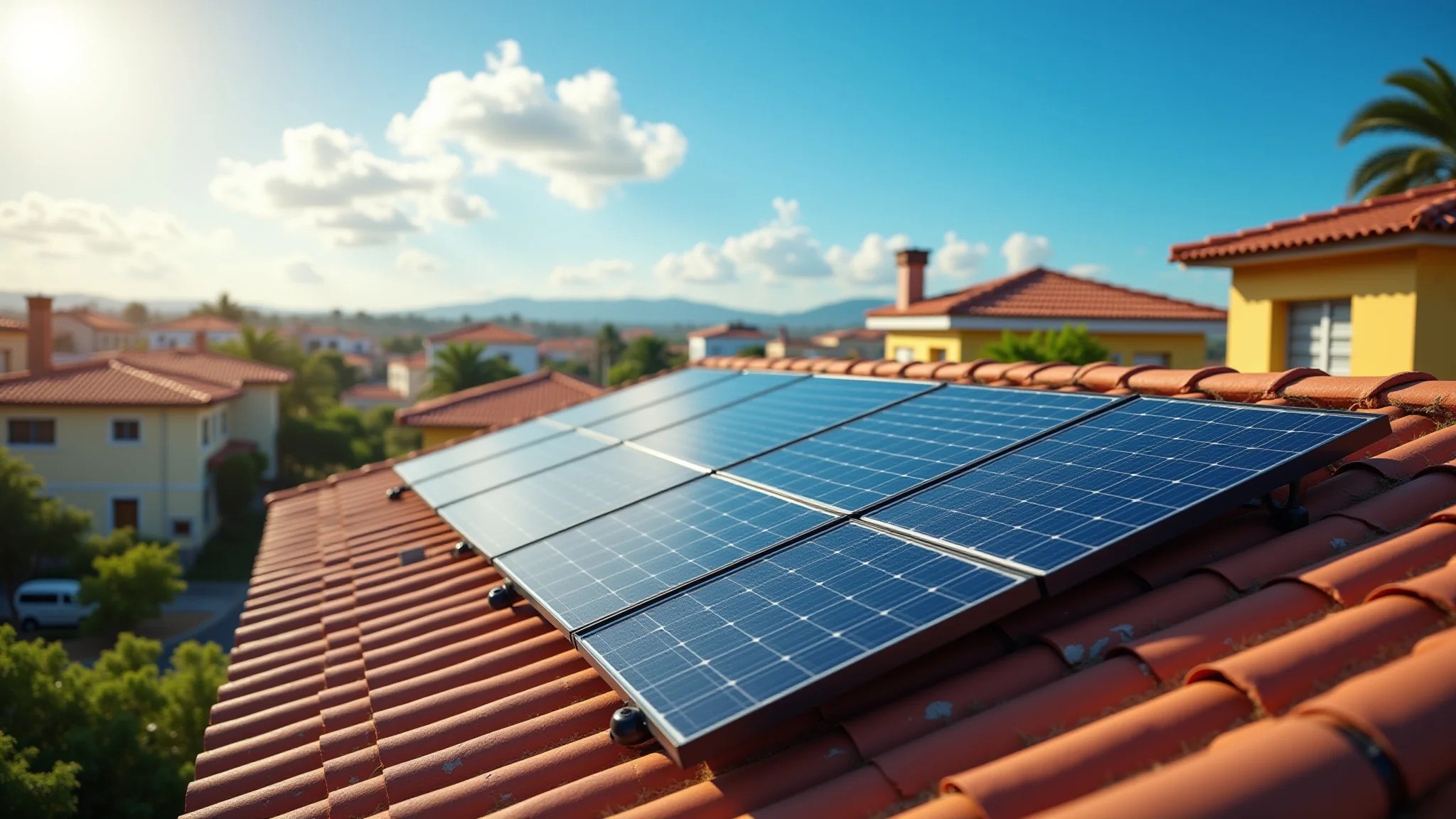 Painéis solares em telhado brasileiro, dia ensolarado, energia limpa e sustentável.