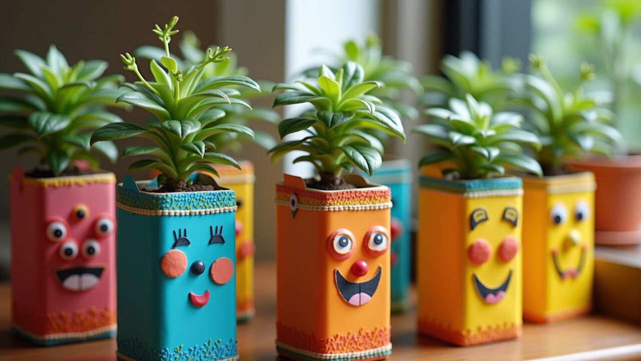 Vasinhos criativos feitos de caixas de leite decoradas com plantas.