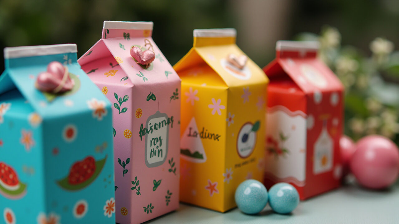 Embalagens de presente personalizadas feitas de caixas de leite.