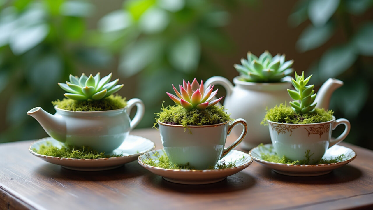 Mini jardins em xícaras e bules antigos.