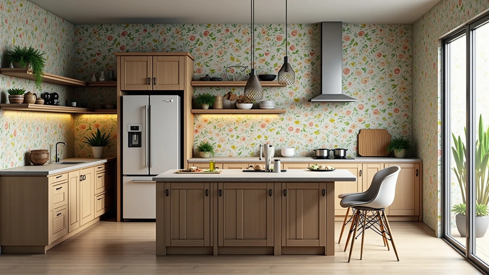 Cozinha com papel de parede floral vibrante e elementos de design brasileiro.