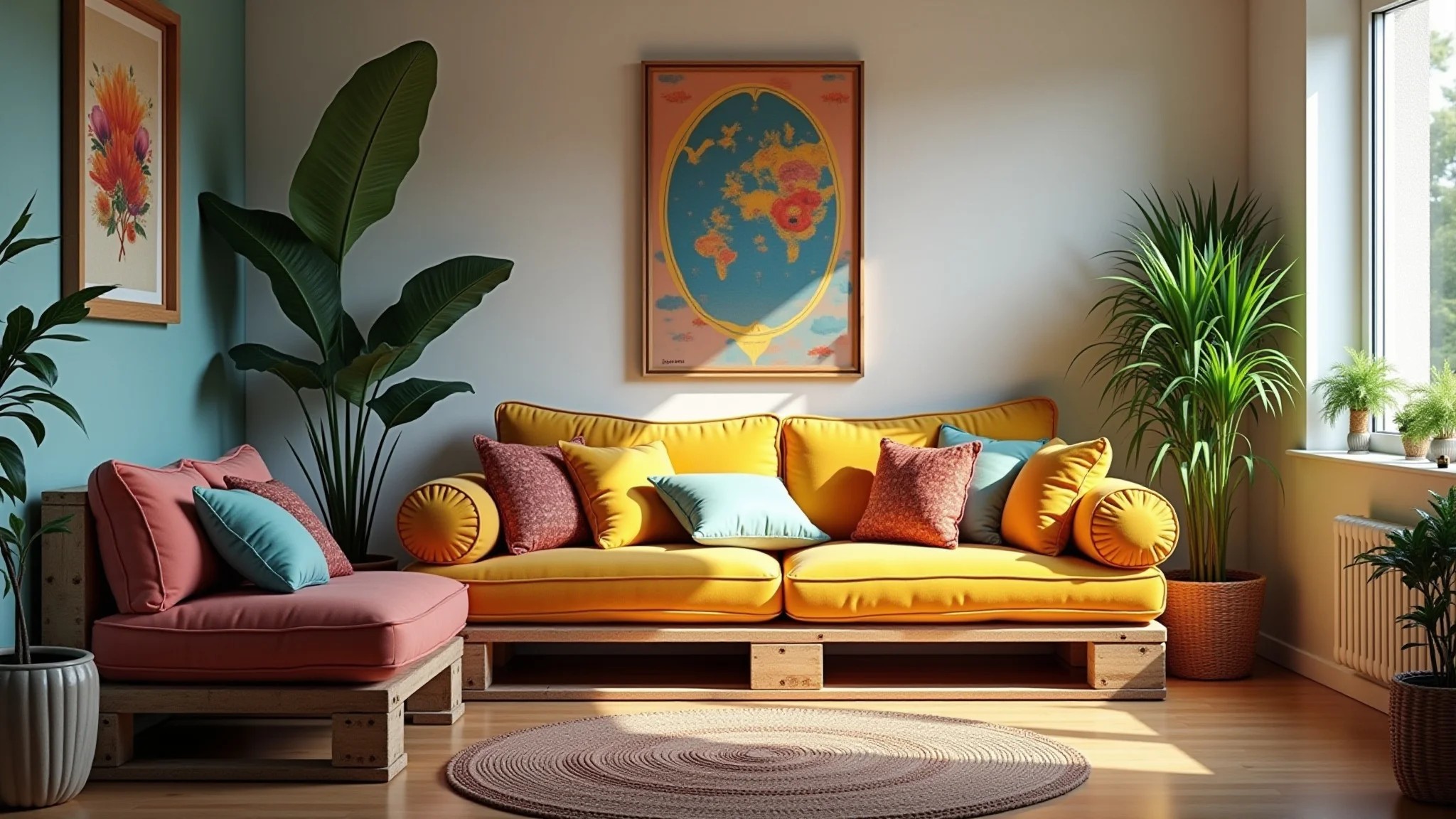 Sala de estar com sofá de pallets estiloso, decoração brasileira vibrante e iluminação natural.