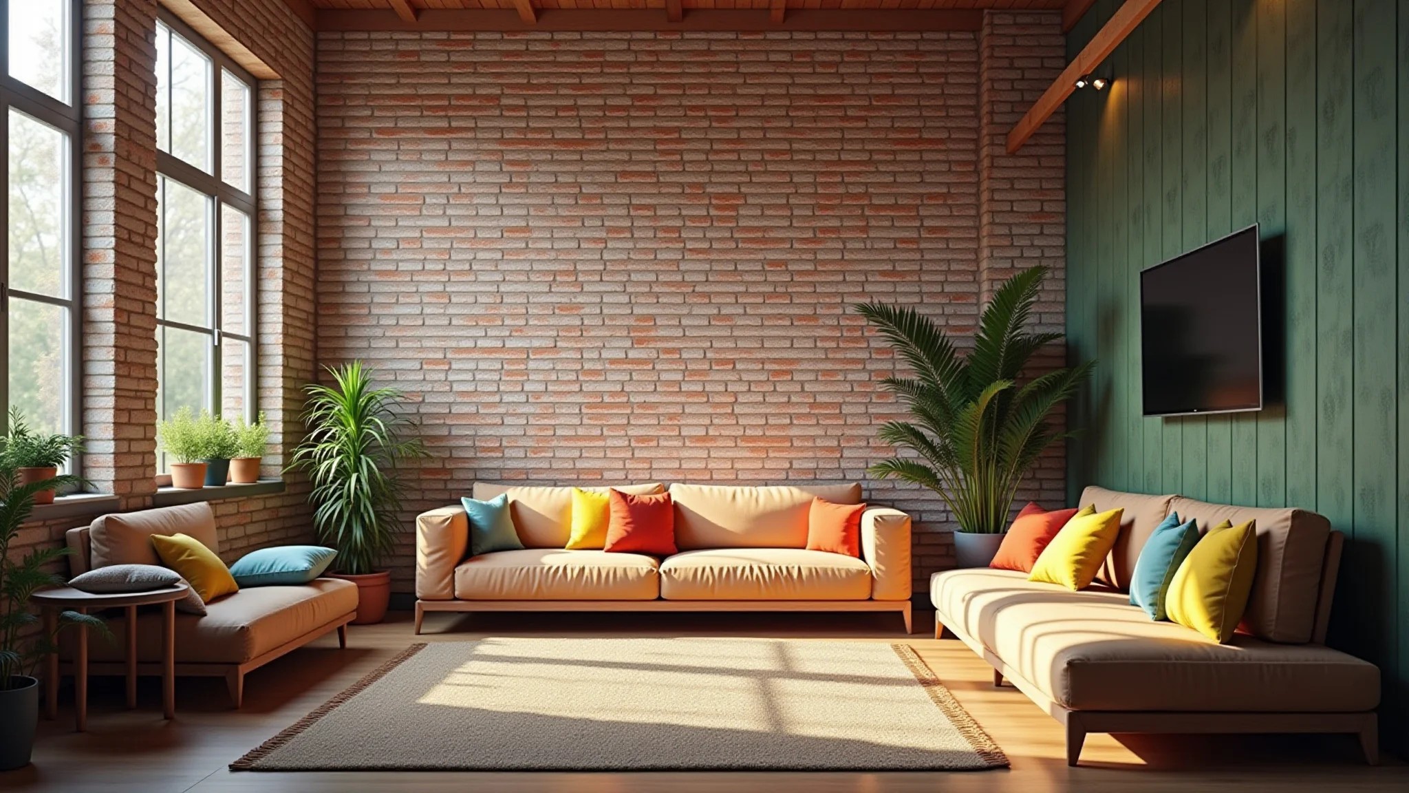 Sala de estar aconchegante com parede de tijolinho à vista, design brasileiro e iluminação natural.