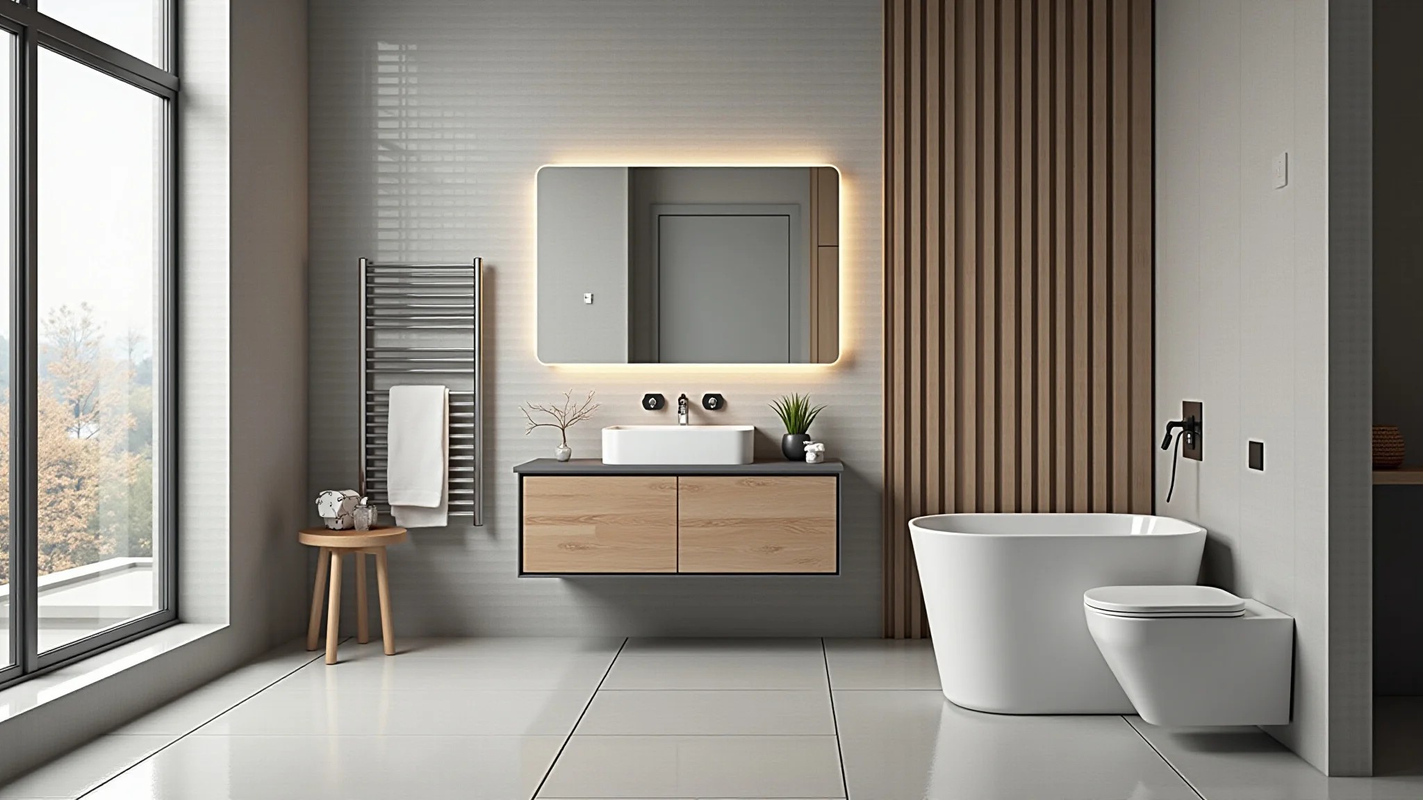 Banheiro pequeno com porcelanato cinza claro, detalhes em madeira, visual moderno e sofisticado.