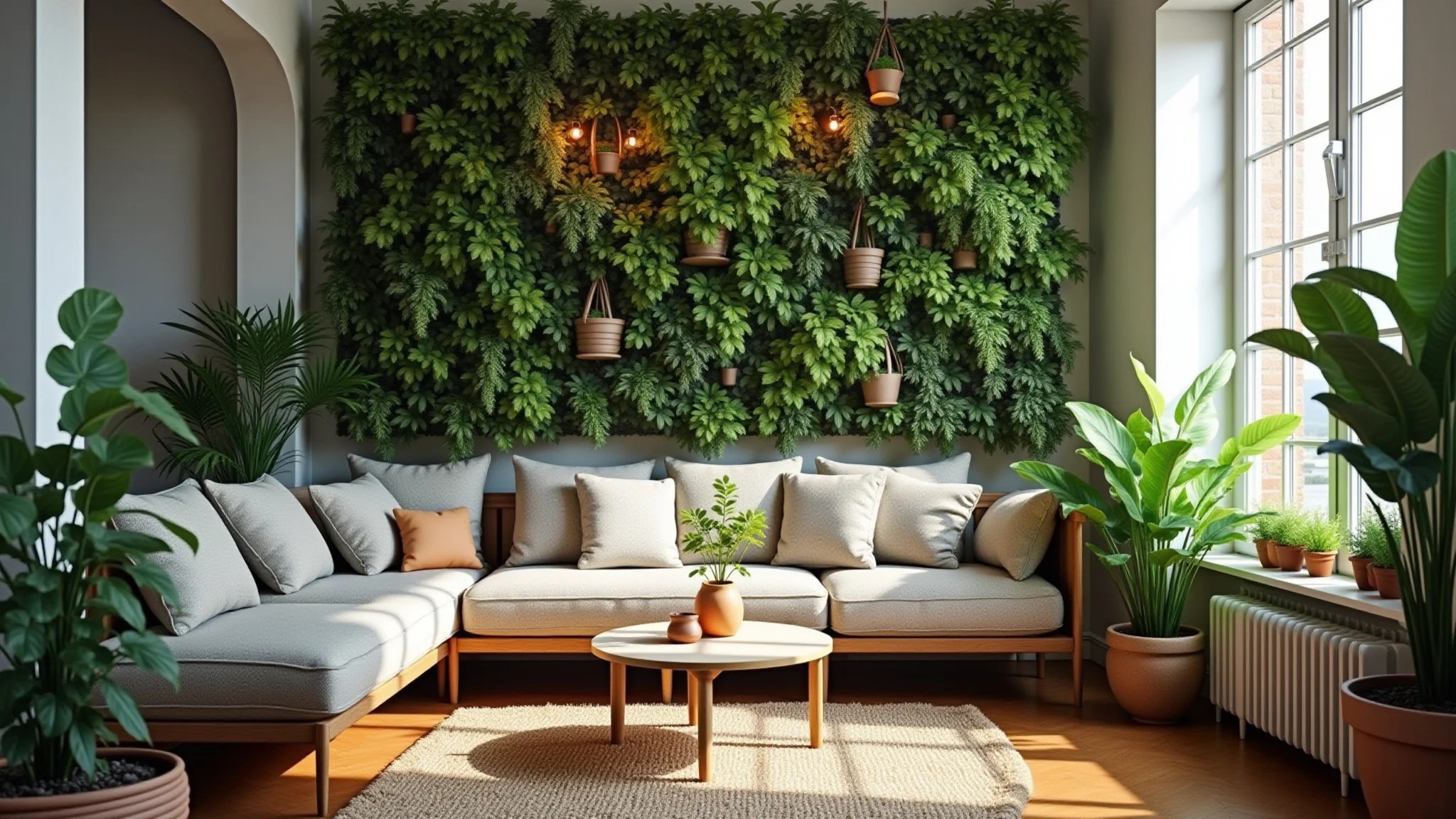 Jardim vertical exuberante em apartamento brasileiro, plantas vibrantes e decoração aconchegante.