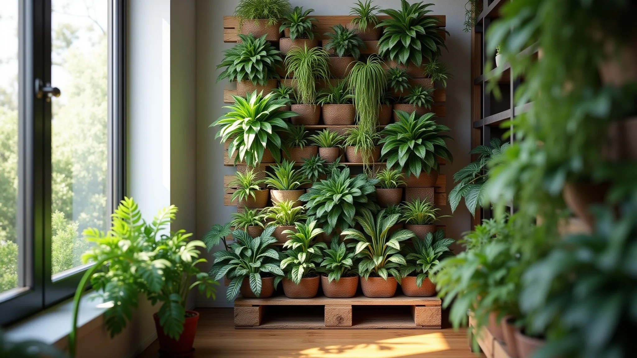Jardim vertical exuberante em apartamento pequeno, com plantas vibrantes e estrutura de pallet.