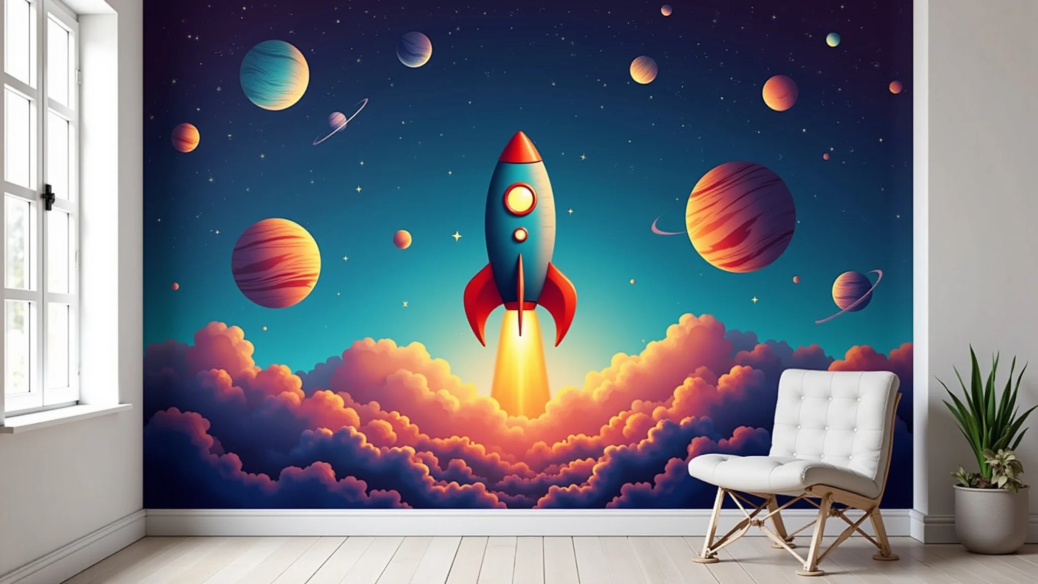 Papel de parede infantil com tema de aventura espacial, foguetes e planetas.