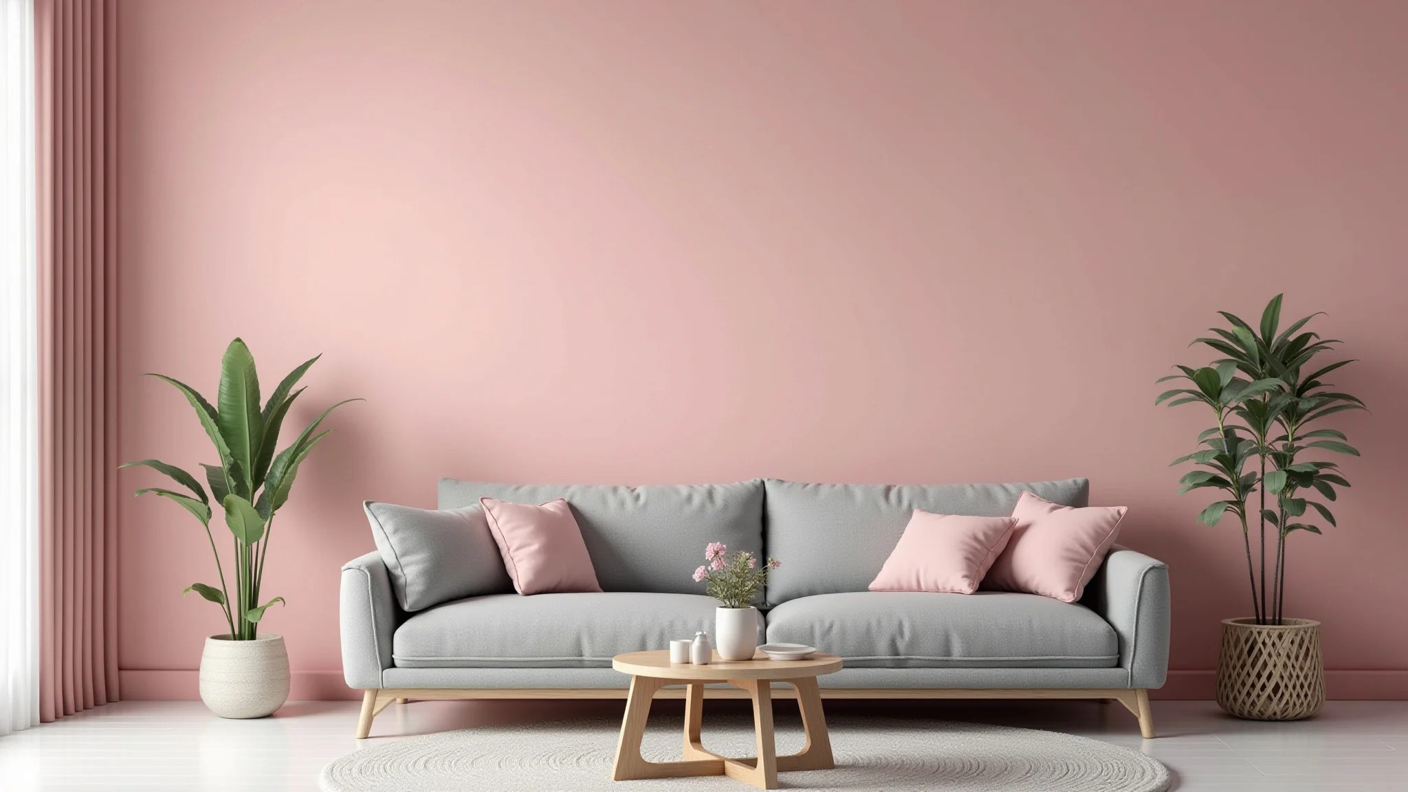 Sala rosa em tom millennial com sofá cinza e decoração minimalista.