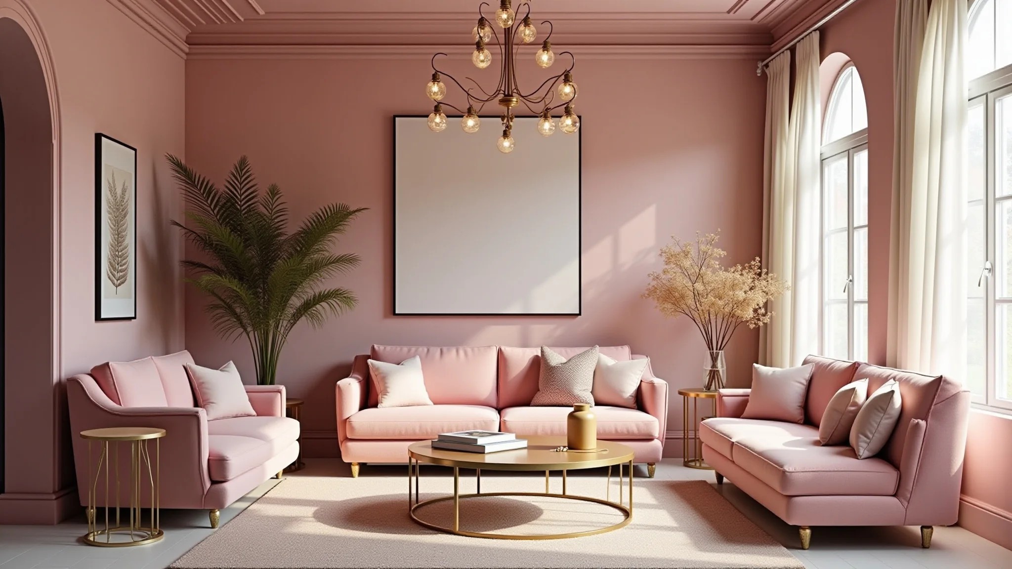 Sala de estar rosa com detalhes dourados, estilo brasileiro, elegante e atmosfera feminina e romântica.