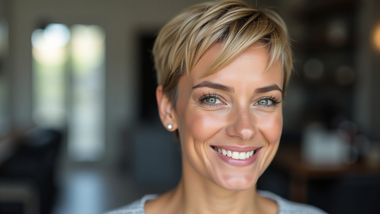 Corte pixie moderno para rosto redondo com franja lateral.