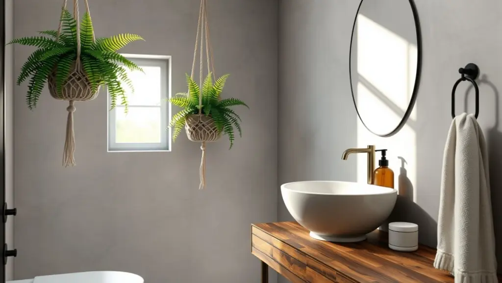 Plantas Suspensas: Verde e Frescor em Seu Banheiro Cinza Compacto