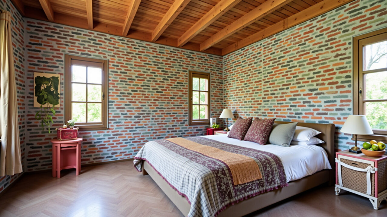 Quarto divertido com papel de parede de tijolinho colorido e decoração eclética.