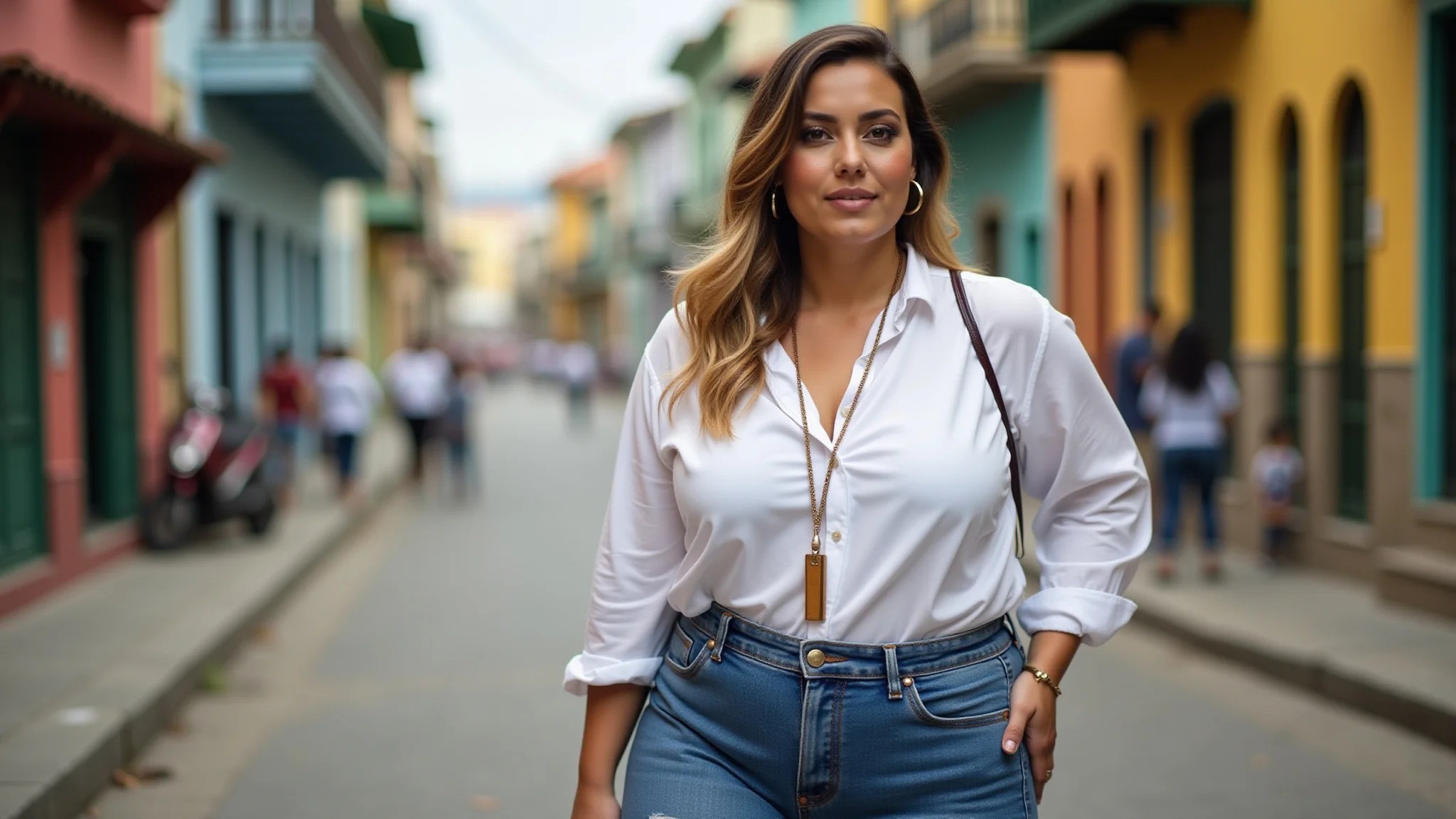 Mulher plus size brasileira usando jeans de cintura alta, blusa por dentro, colar longo, em rua vibrante.