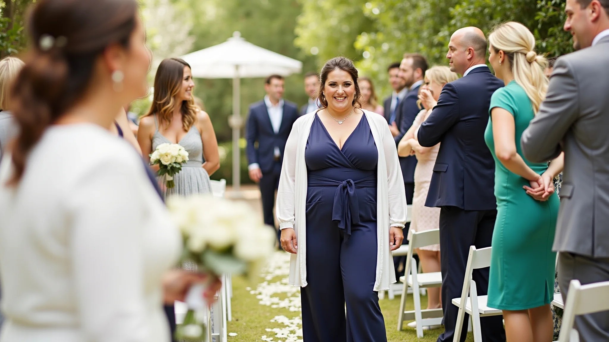 Mulher plus size em macacão pantalona estiloso em casamento diurno.
