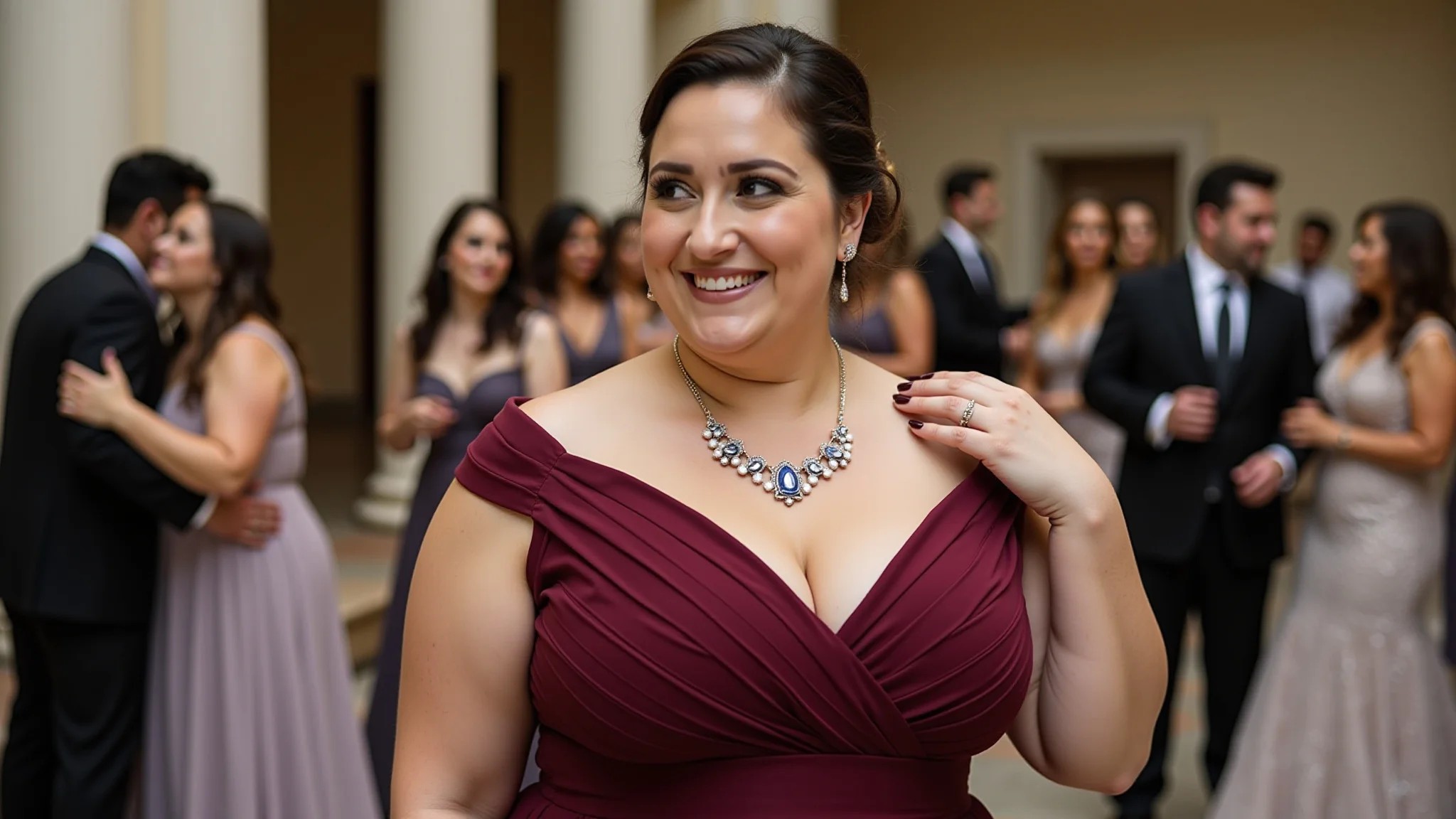 Madrinha plus size em vestido vinho estiloso, acessórios de joias, festa de casamento brasileira.