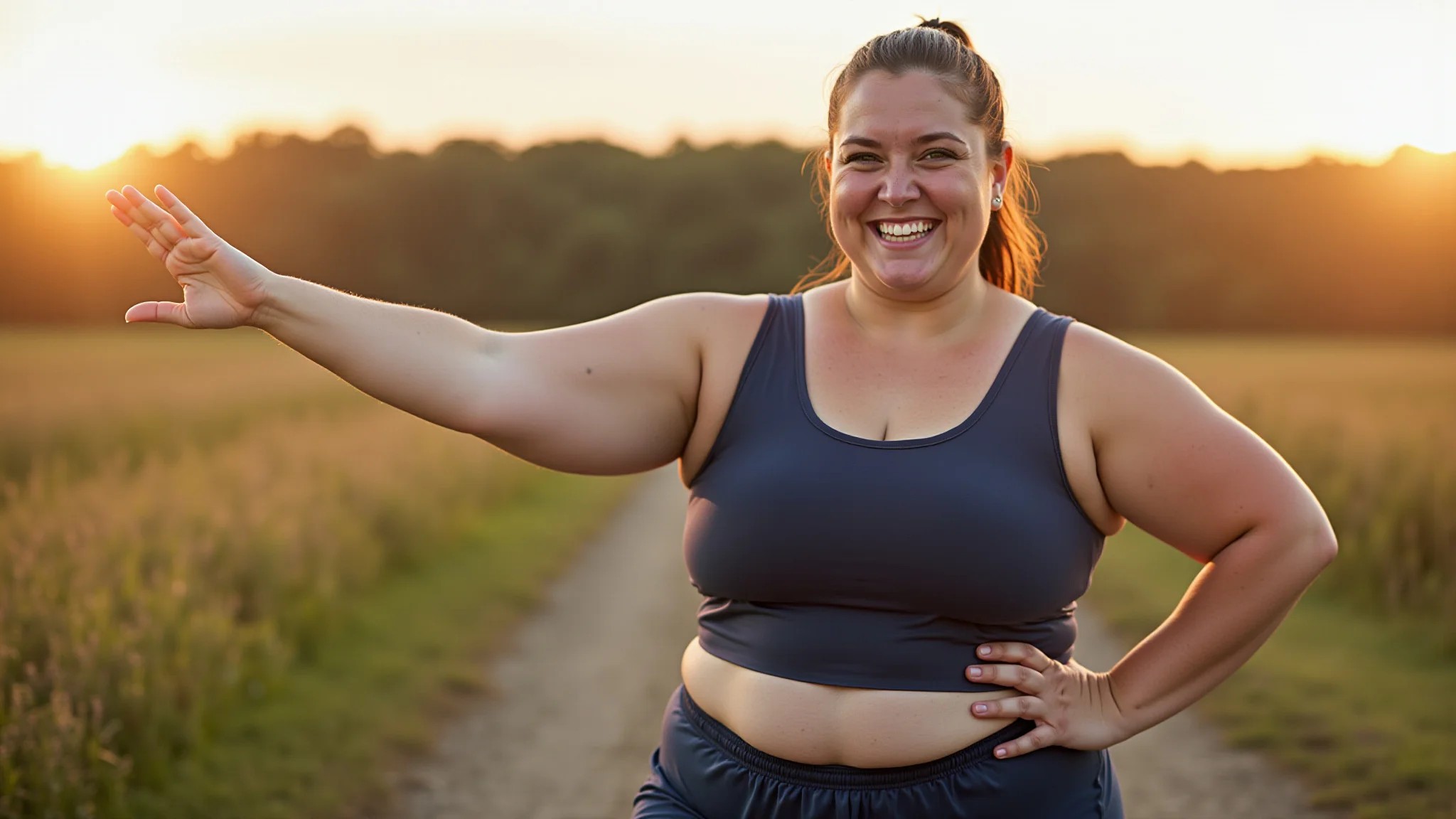 Mulher plus size sorrindo, praticando yoga ao ar livre com roupa azul marinho que não marca.