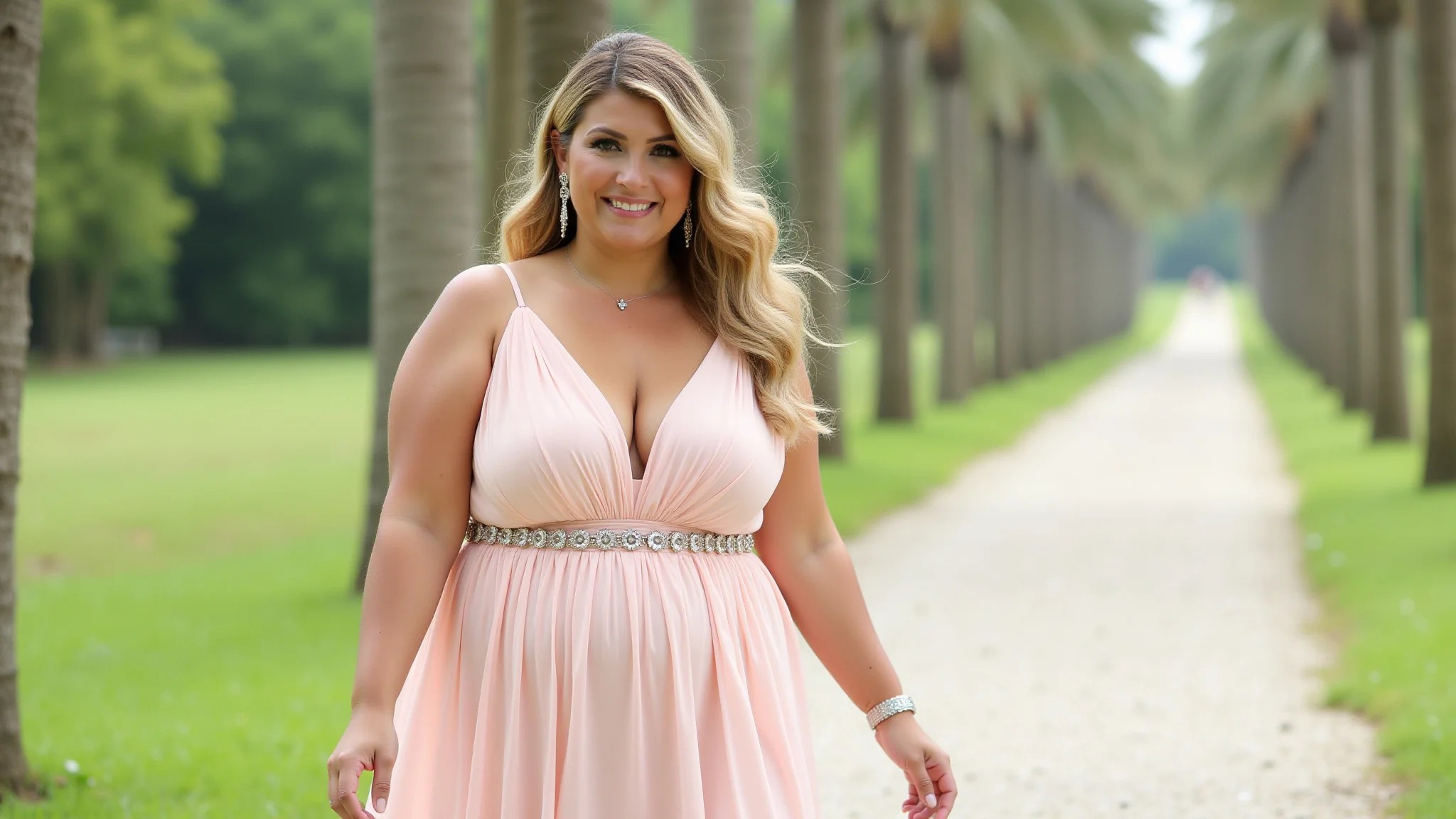 Madrinha plus size em vestido chiffon leve, cores pastel suaves, luz natural.
