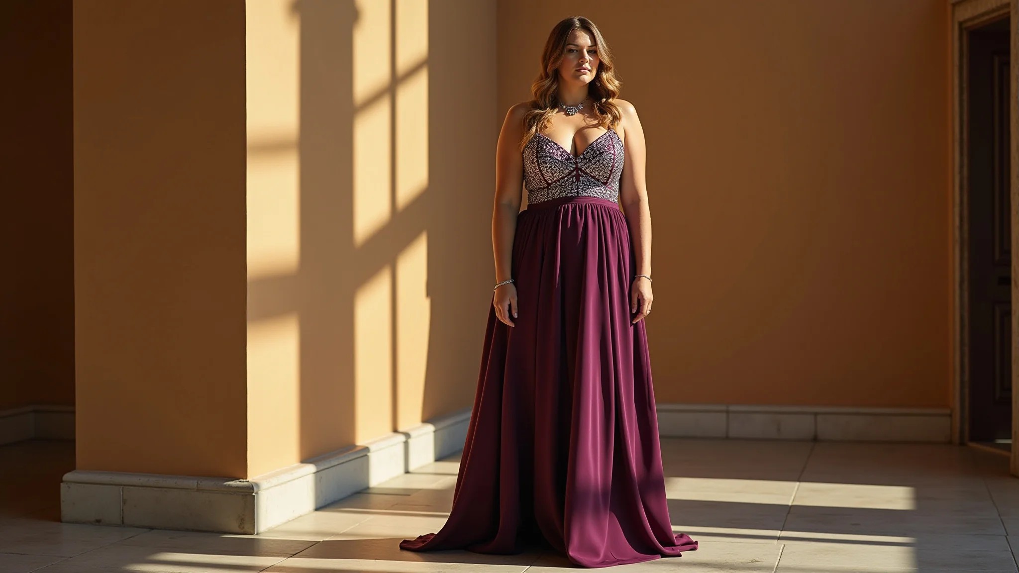 Mulher plus size em vestido de festa longo, estilo império, iluminação brilhante e estilo brasileiro.
