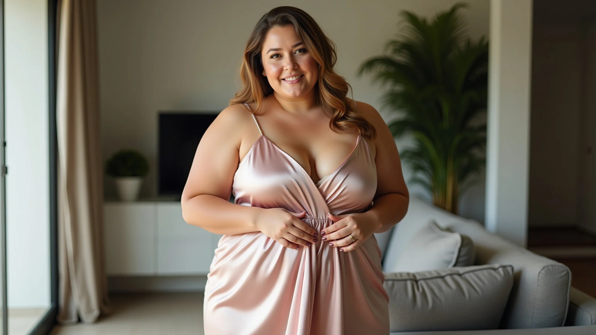 Mulher plus size confiante em um slip dress de seda em apartamento brasileiro.