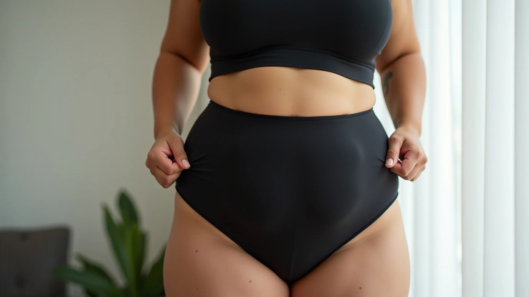 Mulher plus size usando short modelador sob vestido preto justo.