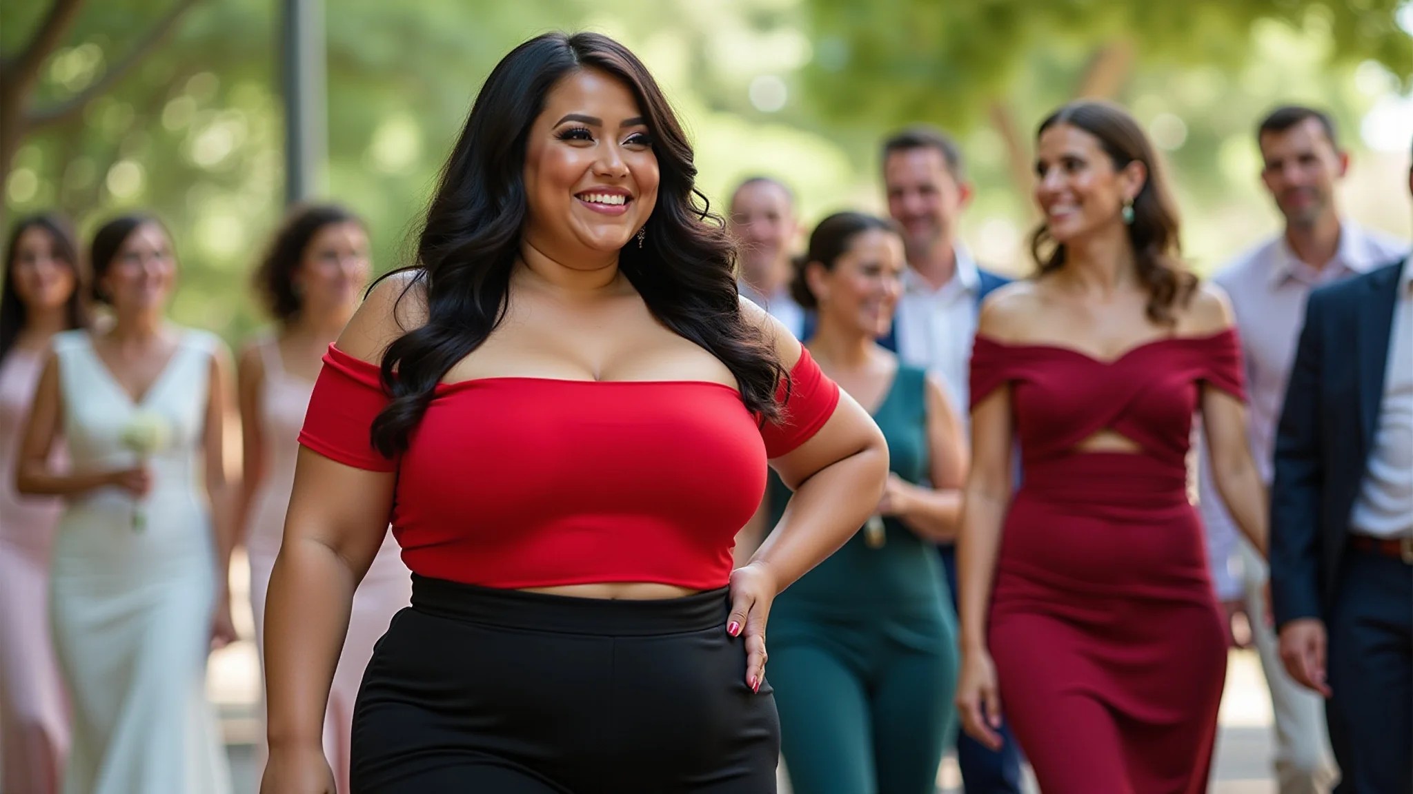 Mulher plus size com calça pantalona preta e blusa vermelha em festa de casamento.