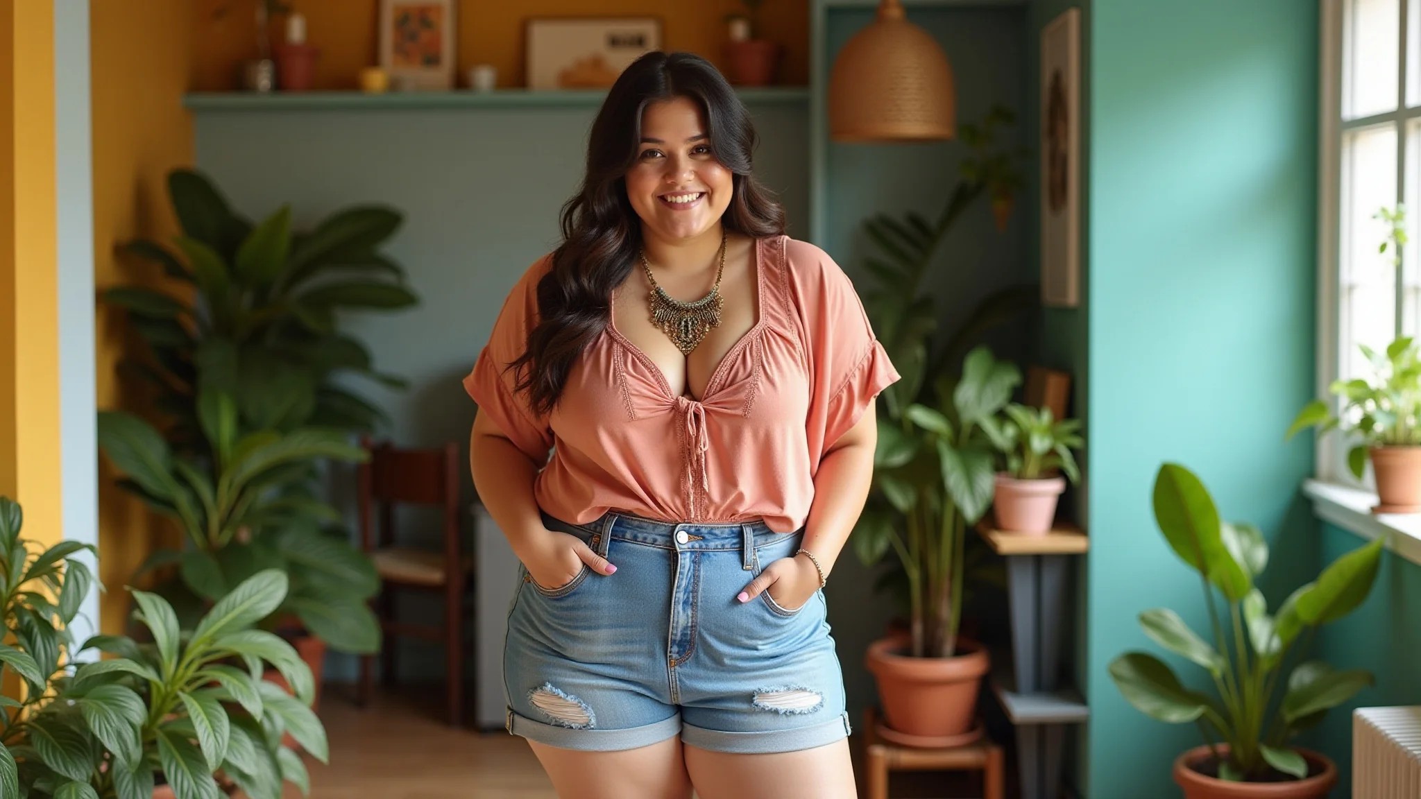 Mulher plus size com shorts de alfaiataria e top leve em casa brasileira colorida.