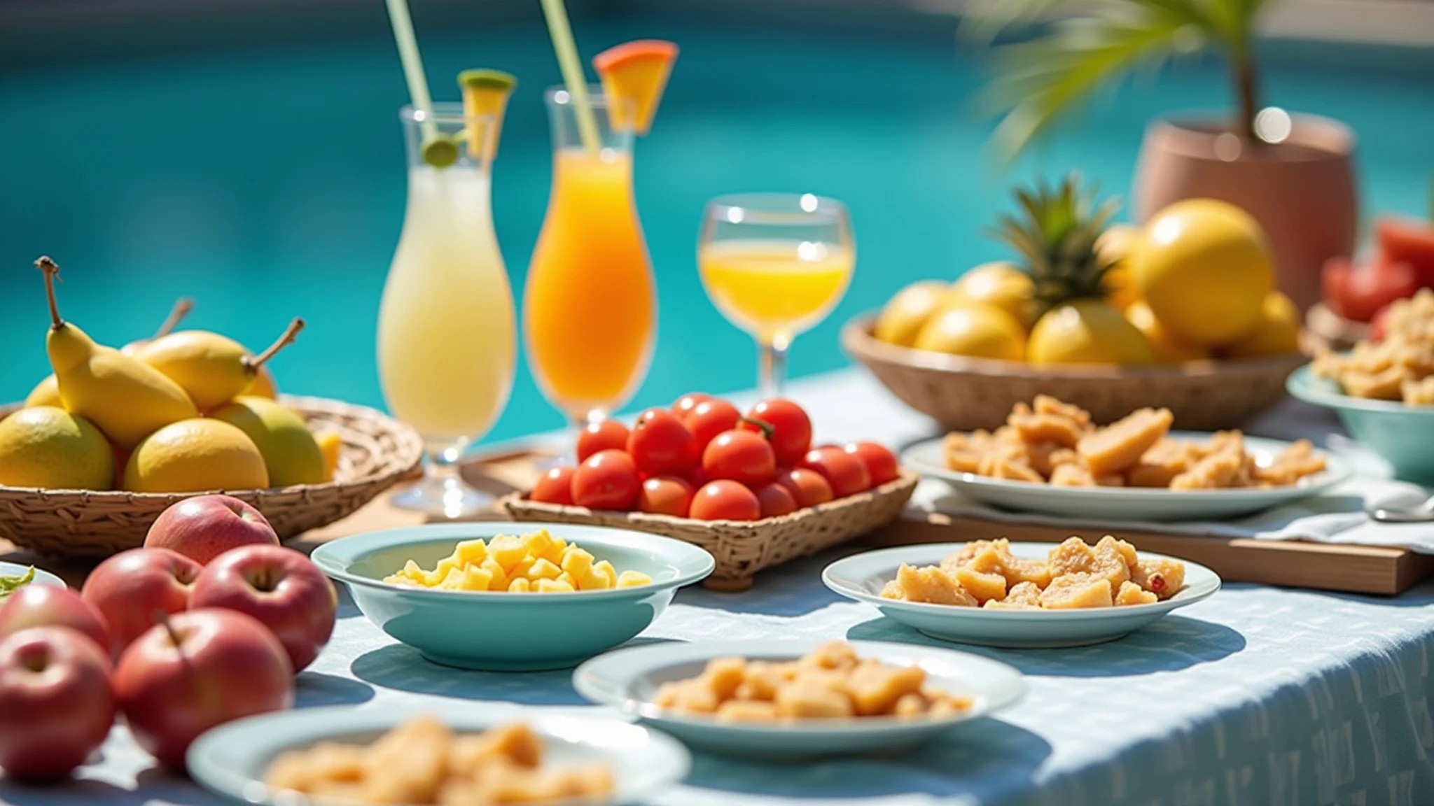 Buffet de pool party com bebidas refrescantes, frutas tropicais e petiscos leves.