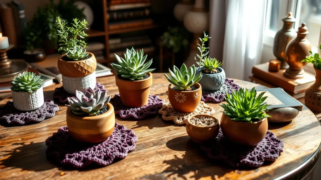 Porta Copos de Crochê e Plantas: Decoração Sustentável na Mesa