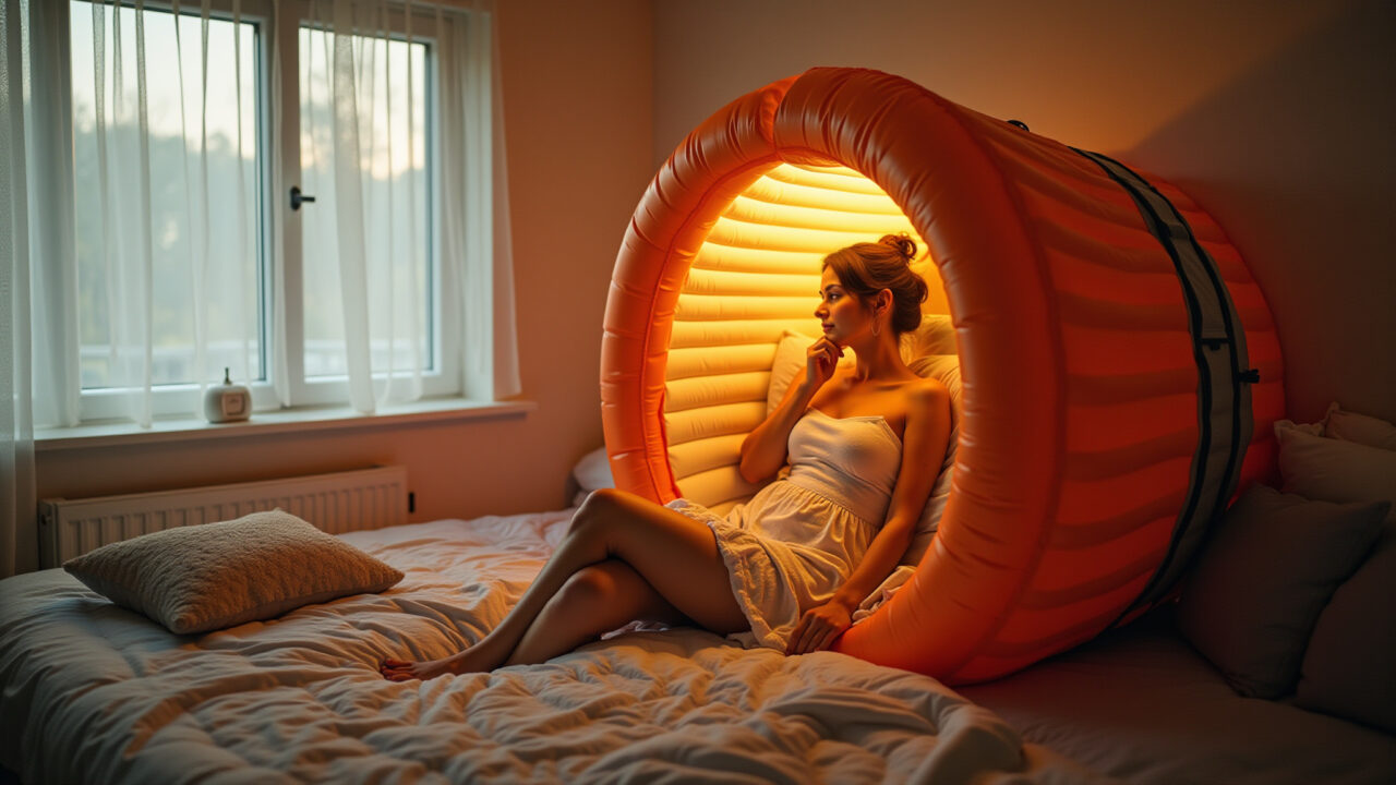 Sauna portátil montada em um quarto com iluminação suave.