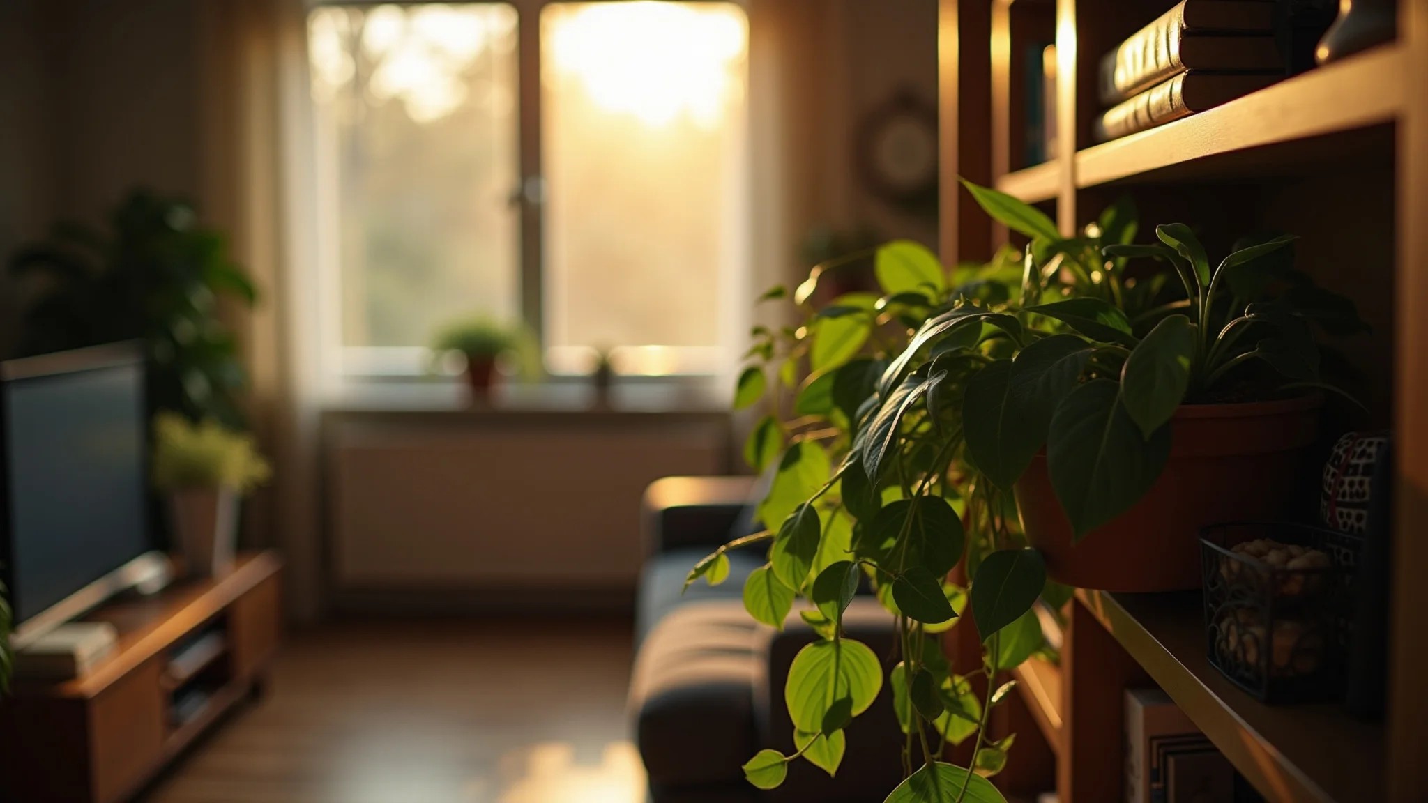 Jiboia pendente na estante de sala com pouca luz, ambiente aconchegante.
