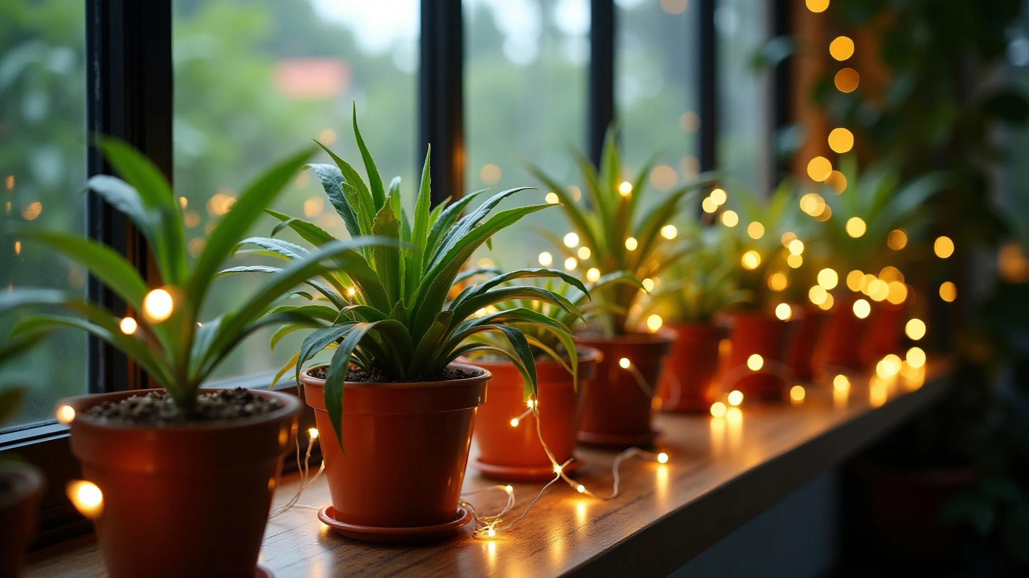 Plantas em vasos decoradas com pisca pisca, criando um efeito mágico.