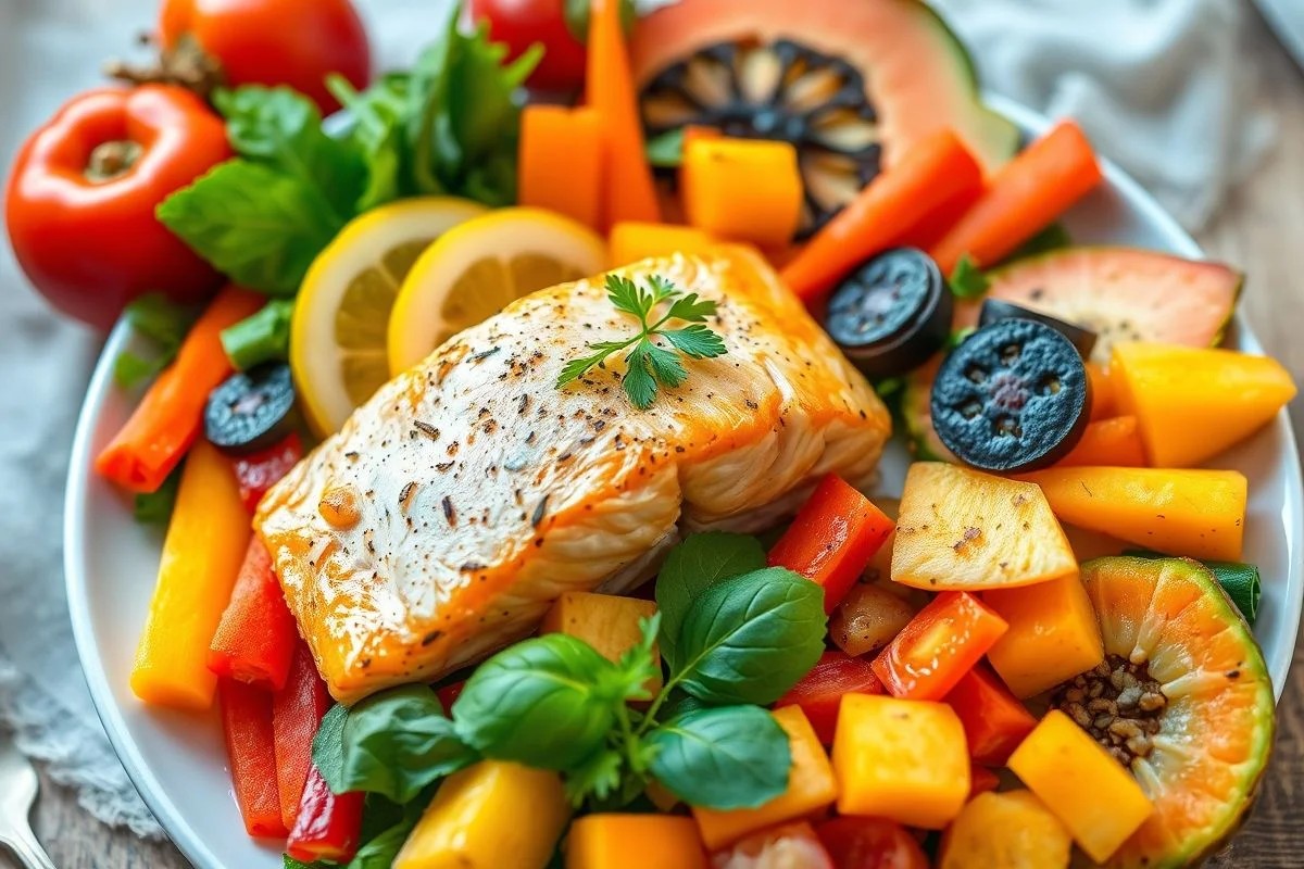 Alimentação saudável: salmão, legumes e frutas para veias saudáveis no Brasil.