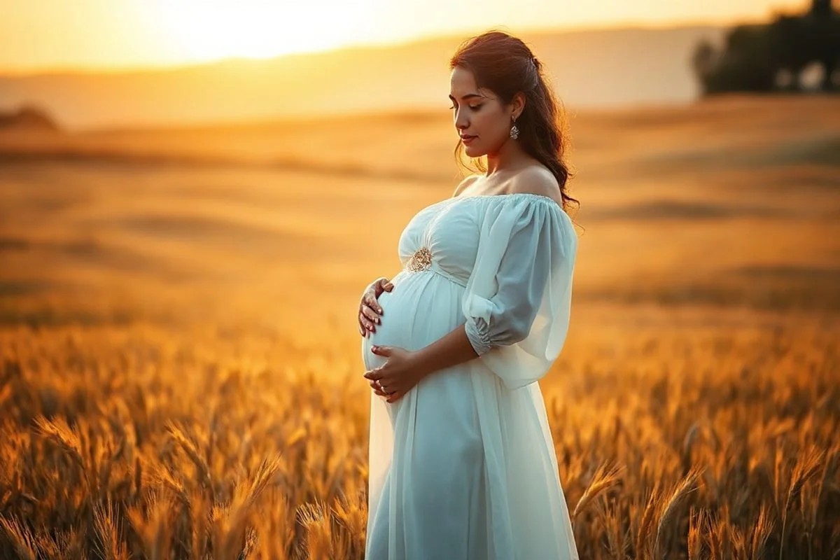 Gestante brasileira em campo de trigo ao pôr do sol, vestido branco