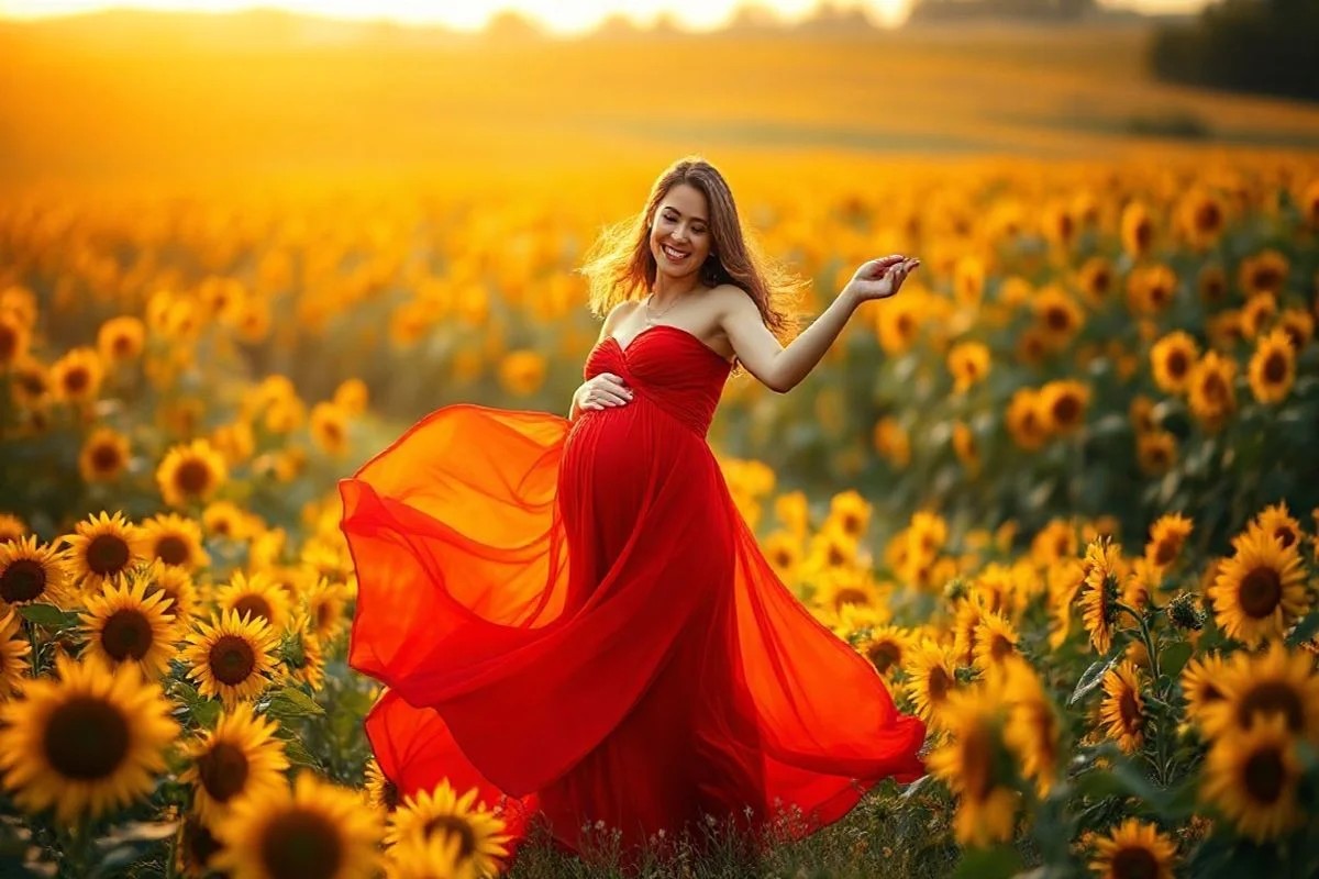 Gestante brasileira dançando em campo de girassóis, vestido vermelho