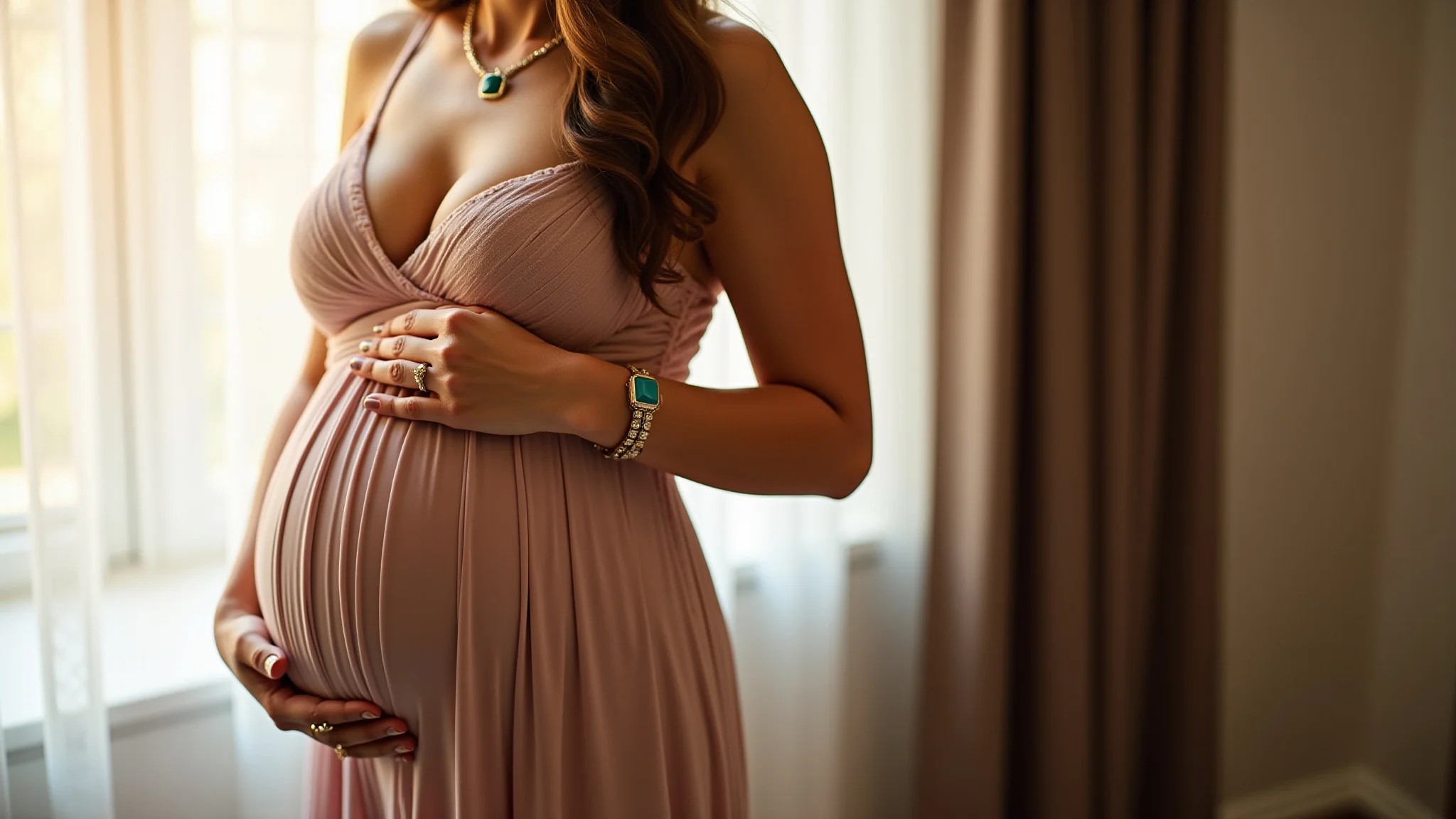 Gestante usando acessórios com vestido de festa, joias delicadas, luz dourada suave, estilo elegante.
