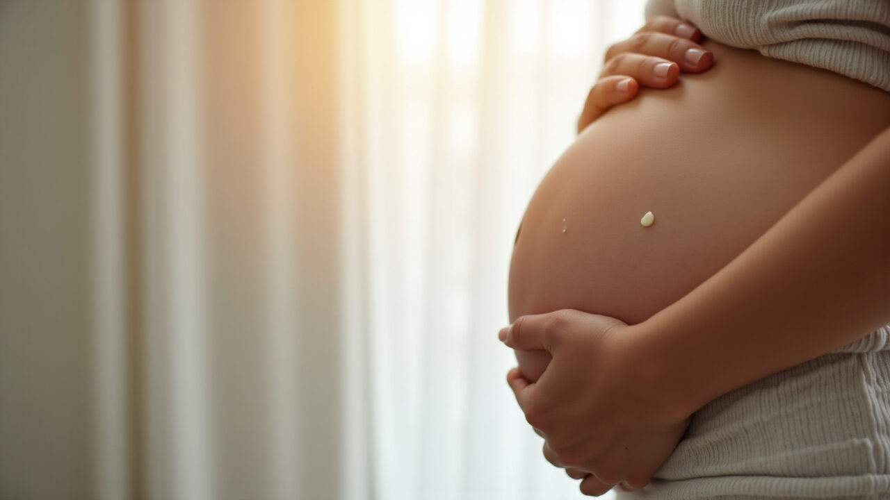 Gestante aplicando loção antiestrias na barriga.