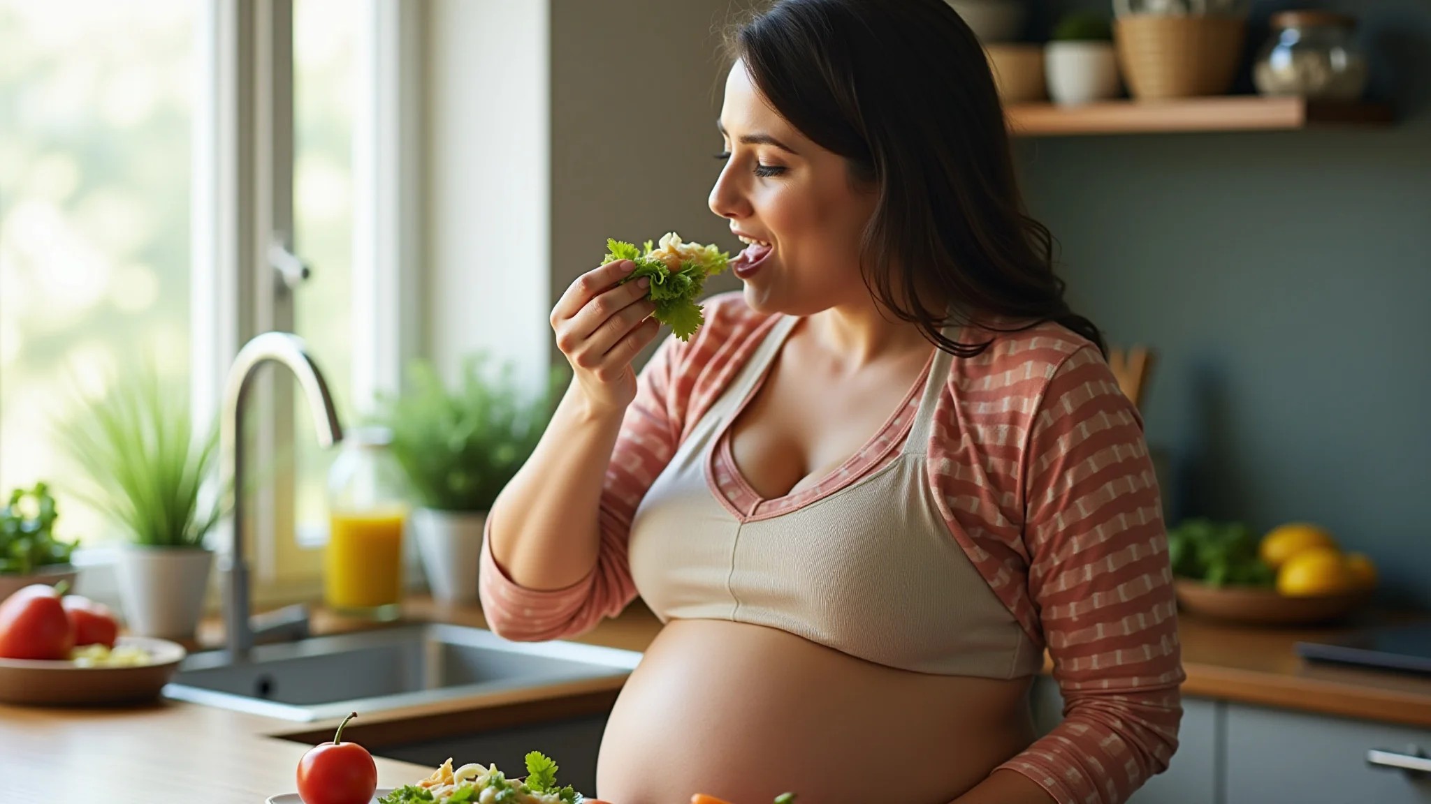 Gestante se alimentando com salada saudável, rica em vitaminas.