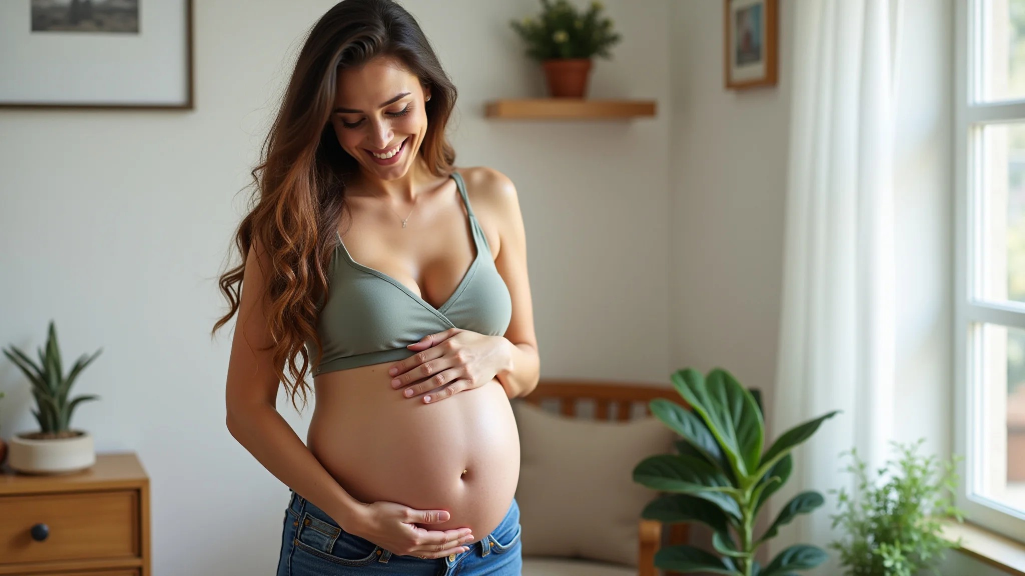 Grávida sentindo os chutes do bebê, mãos na barriga, feliz.