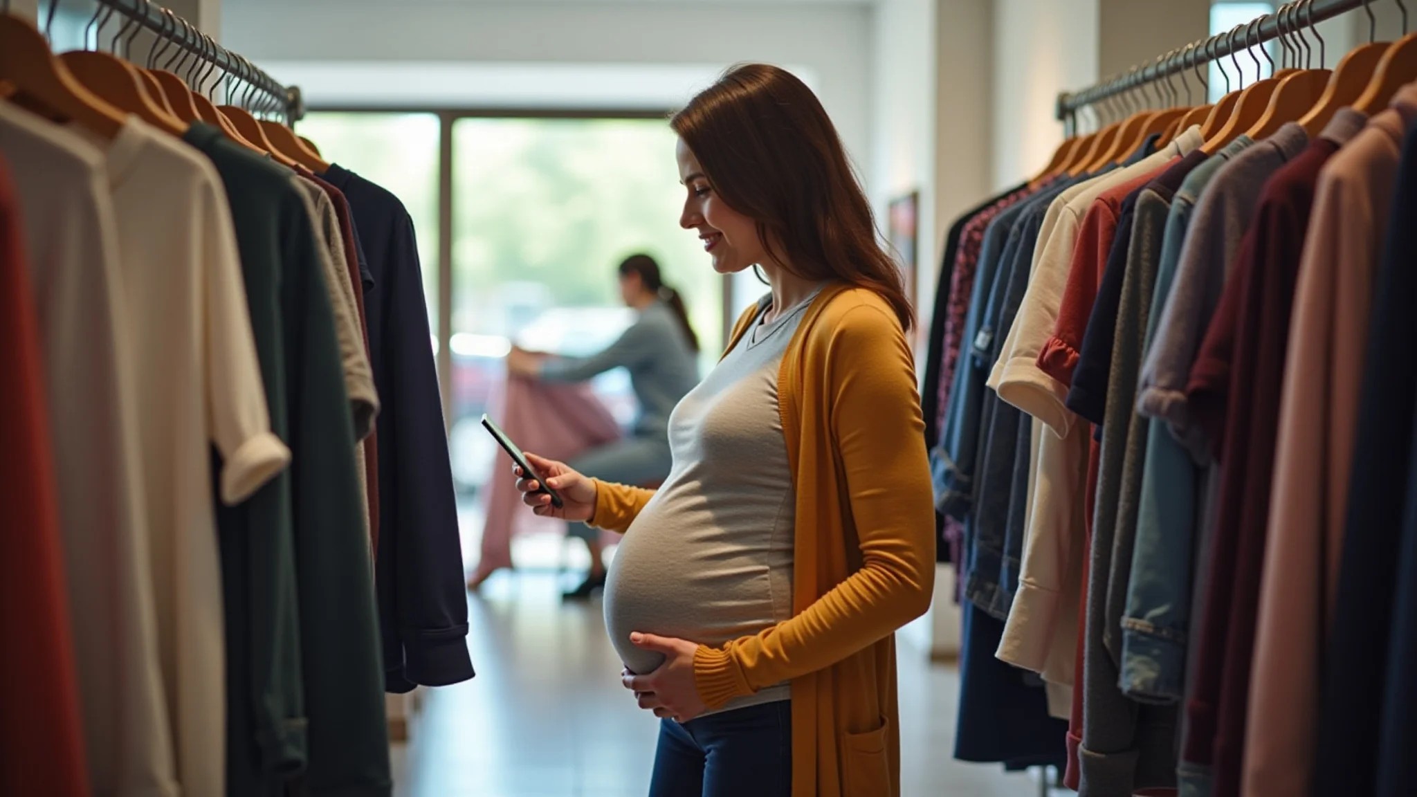 Gestante em loja de roupas, escolhendo peças confortáveis e estilosas.