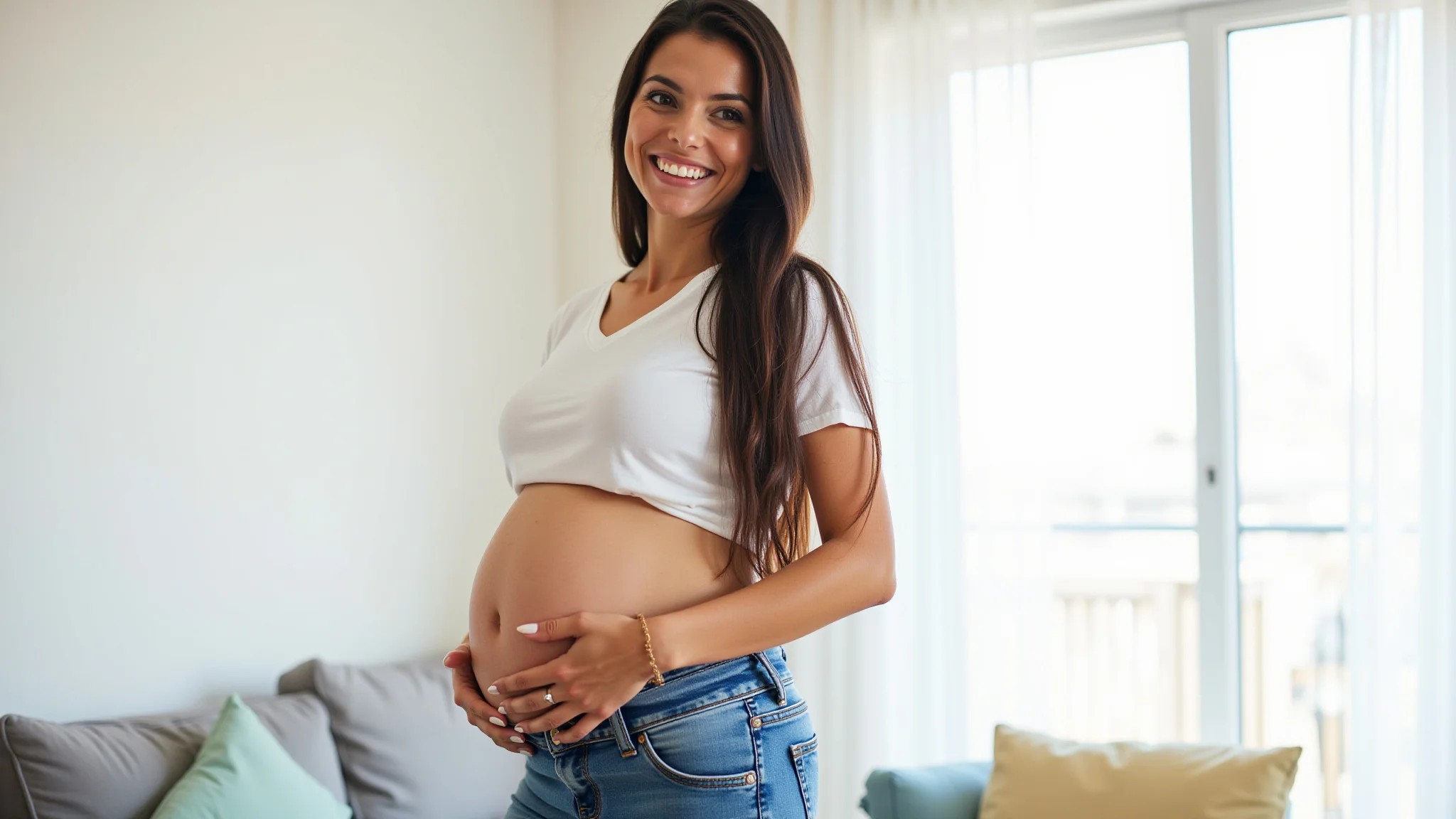 Gestante sorrindo, vestindo jeans de maternidade confortável com cós elástico.