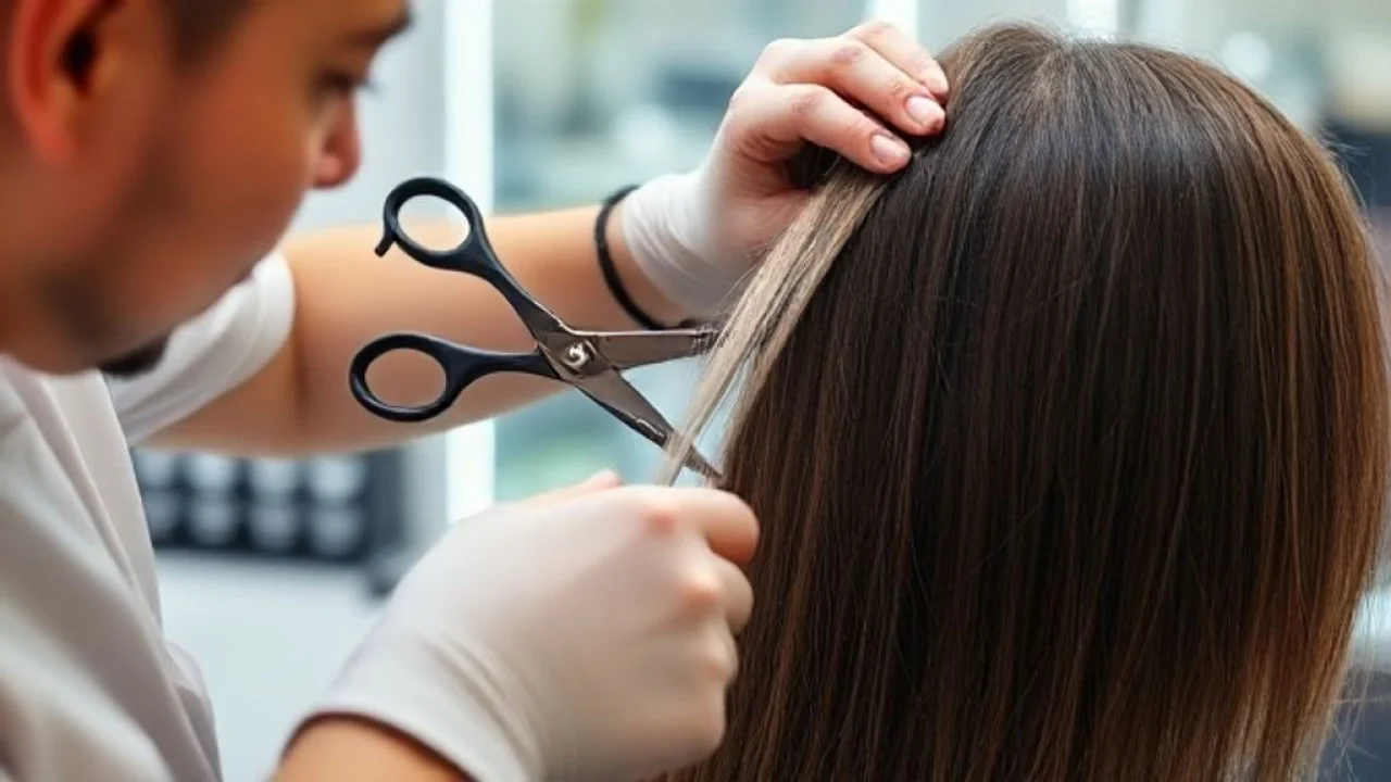 Cabeleireiro fazendo corte bordado em cabelo castanho.