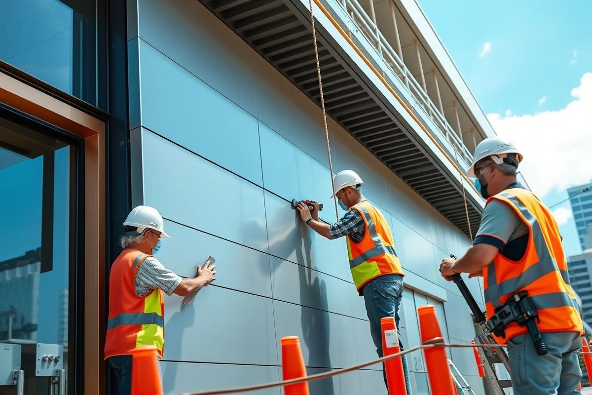 Instalação profissional de fachada em ACM em prédio comercial no Rio.