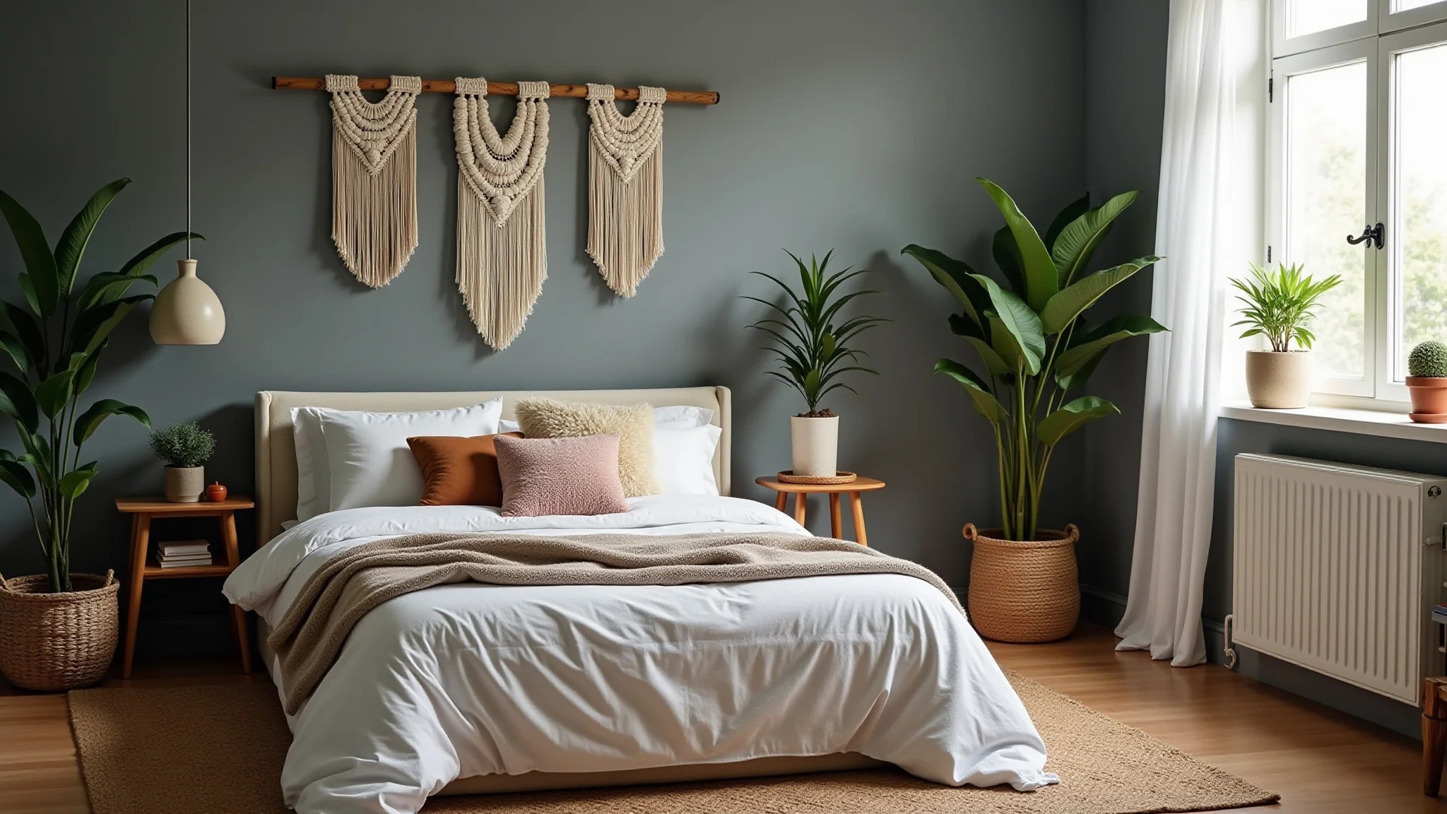 Quarto cinza estilo boho com tapete de juta, macramê e plantas, com mulheres brasileiras.