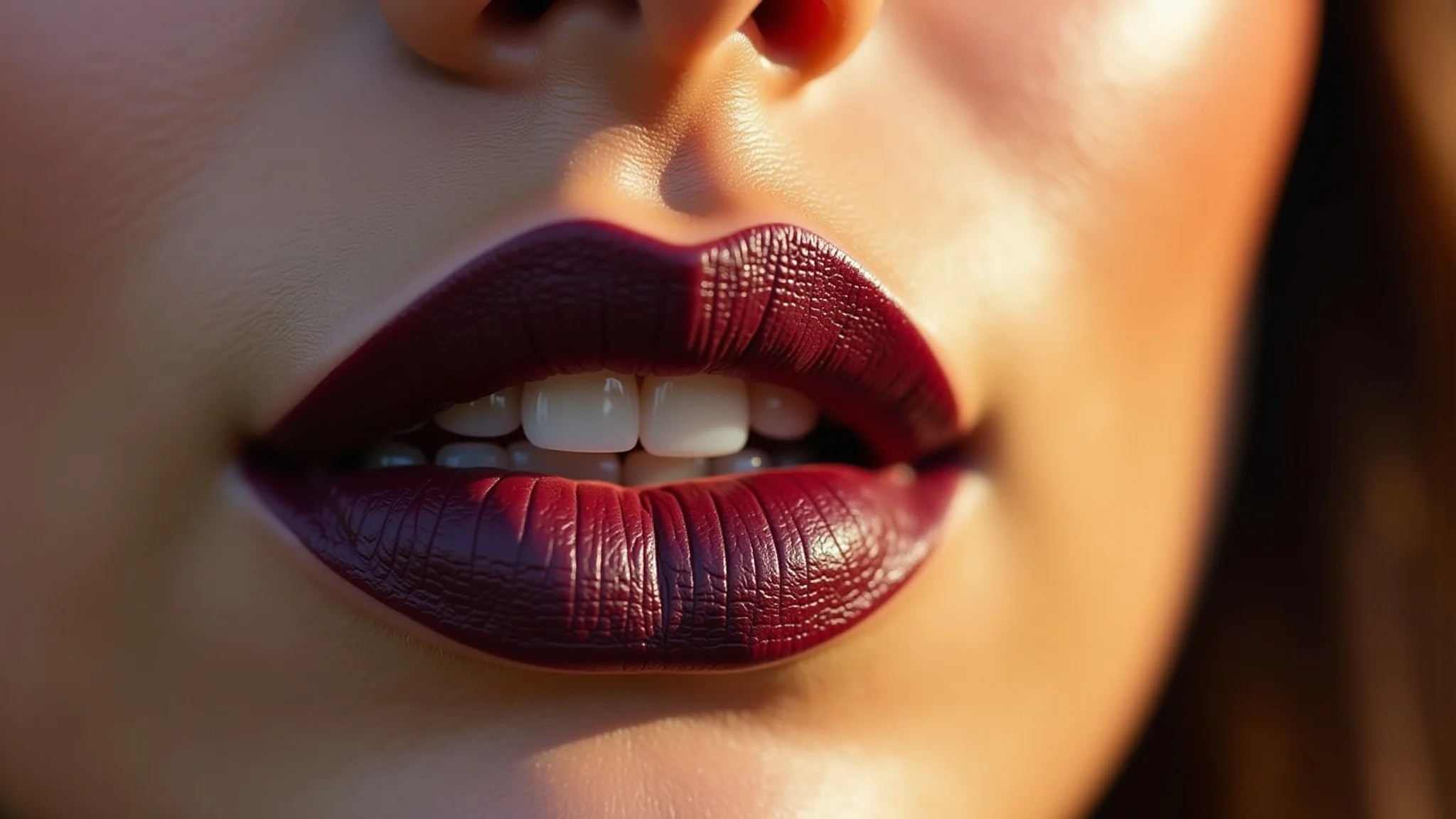 Close up de lábios com batom vinho matte, mulher brasileira, elegante.